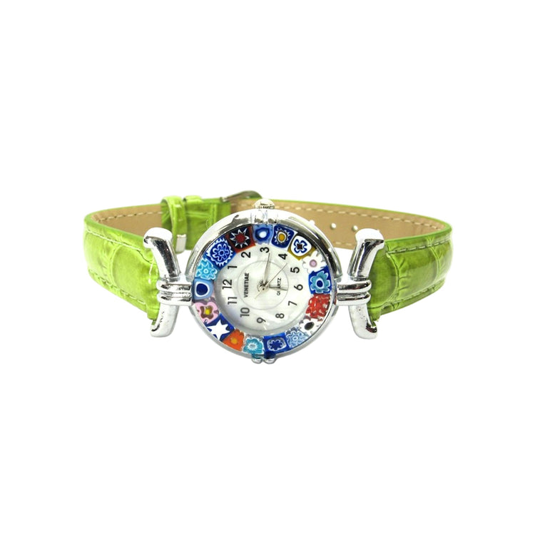 Italian Murano millefiori watch with a lime green leather band