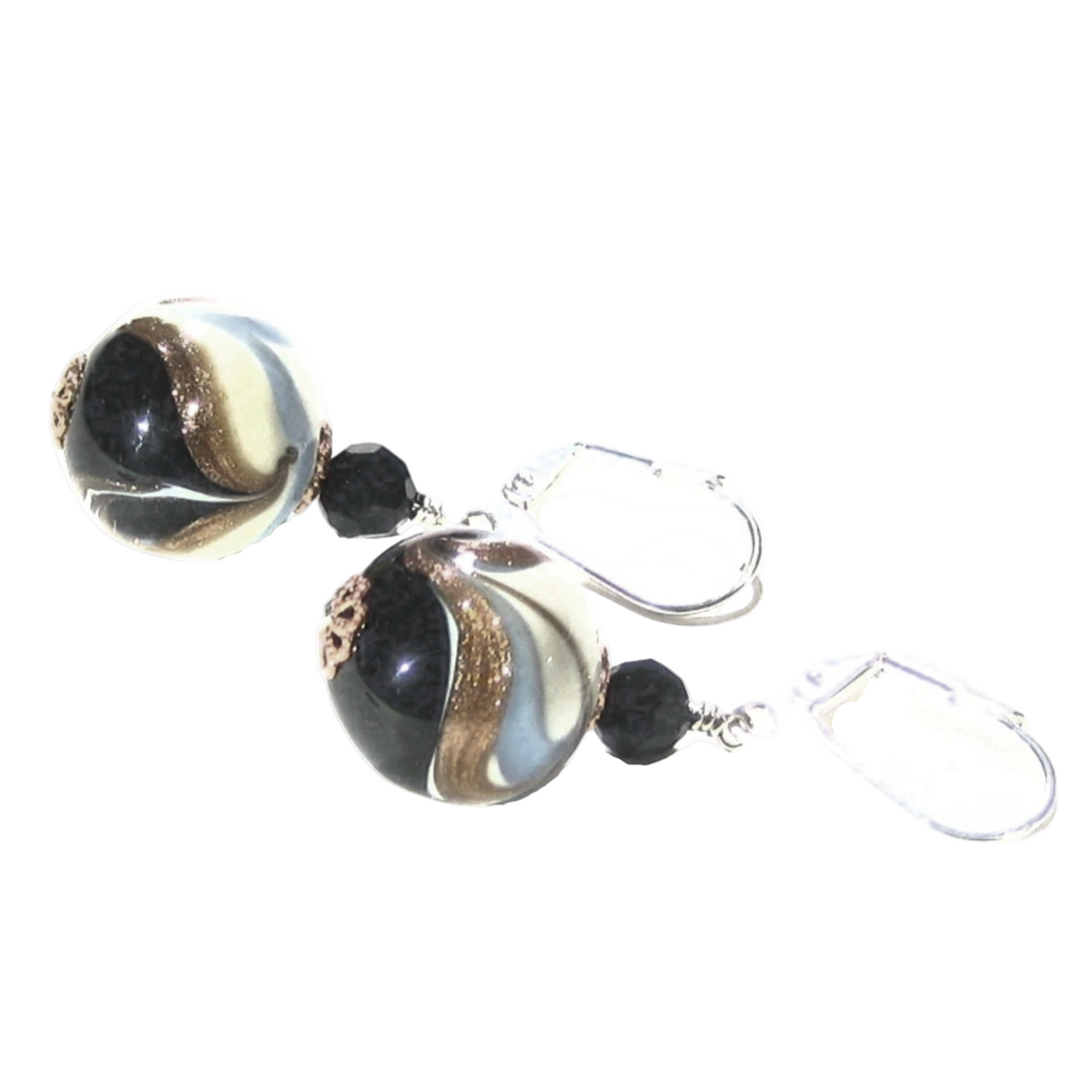 Pair of earrings with black, copper, blue and white design on a white background