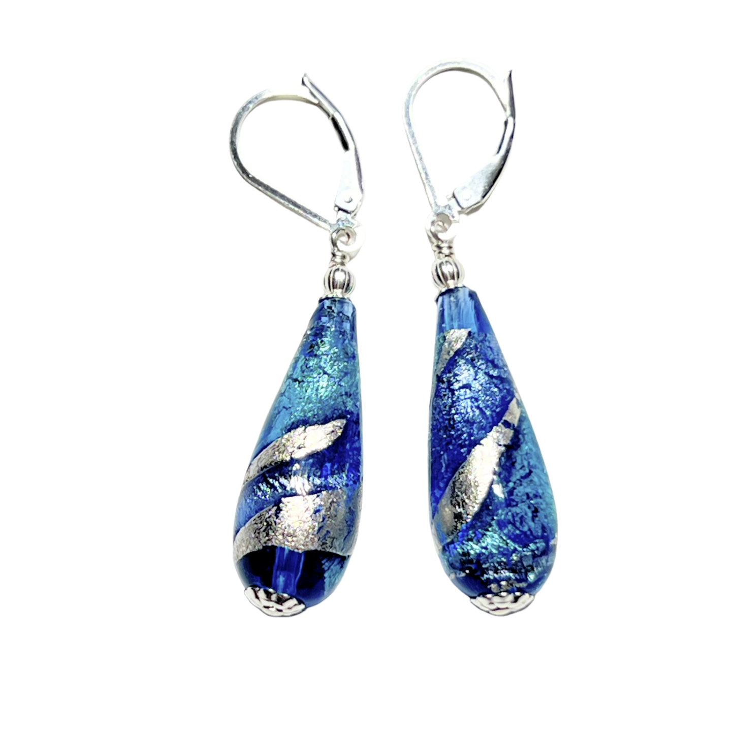 Pair of blue teardrop earrings with silver accents on a white background