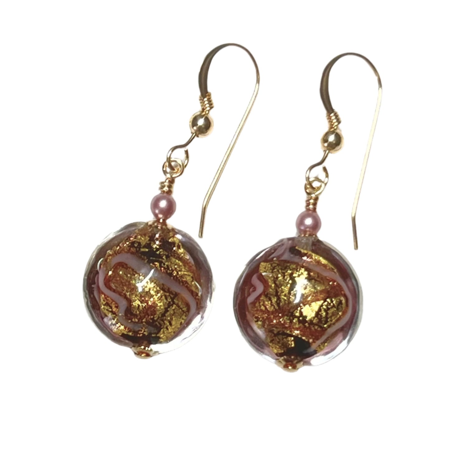 Murano pink disc gold earrings
