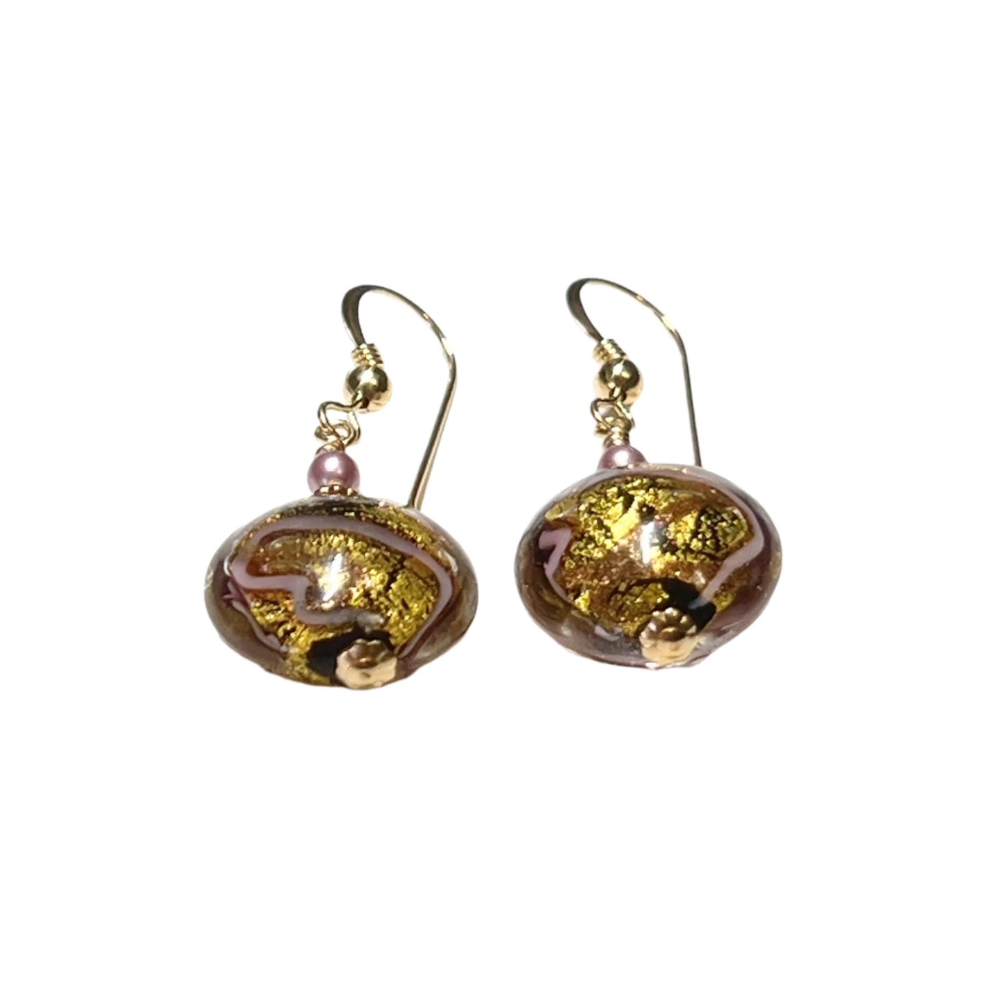 Murano Pink Ribbon Disc Gold Earrings
