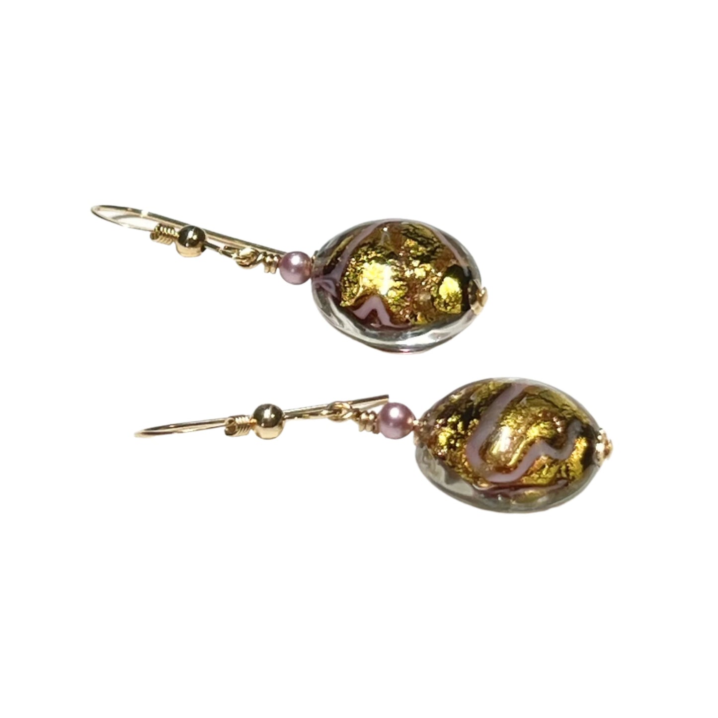 Murano Pink Ribbon Disc Gold Earrings
