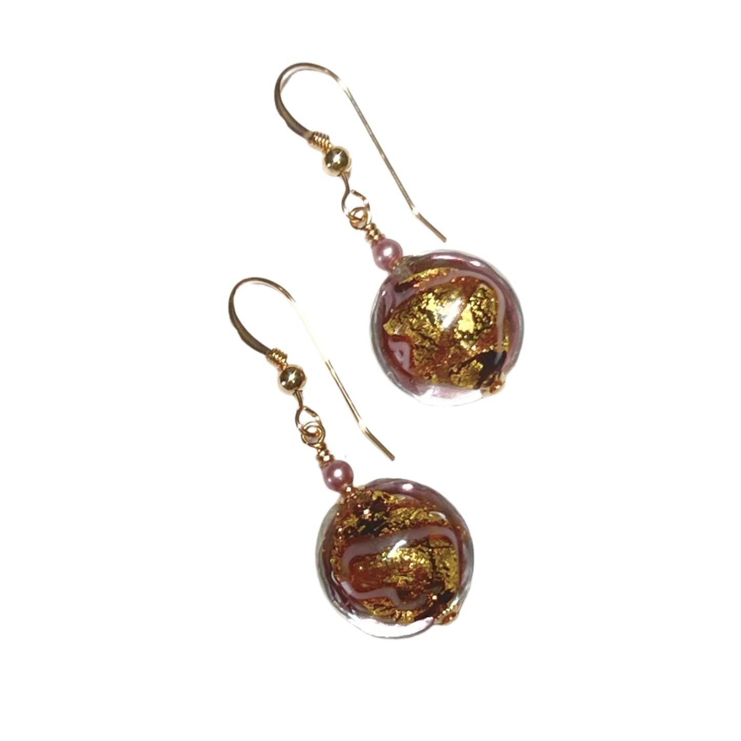 Murano Pink Ribbon Disc Gold Earrings