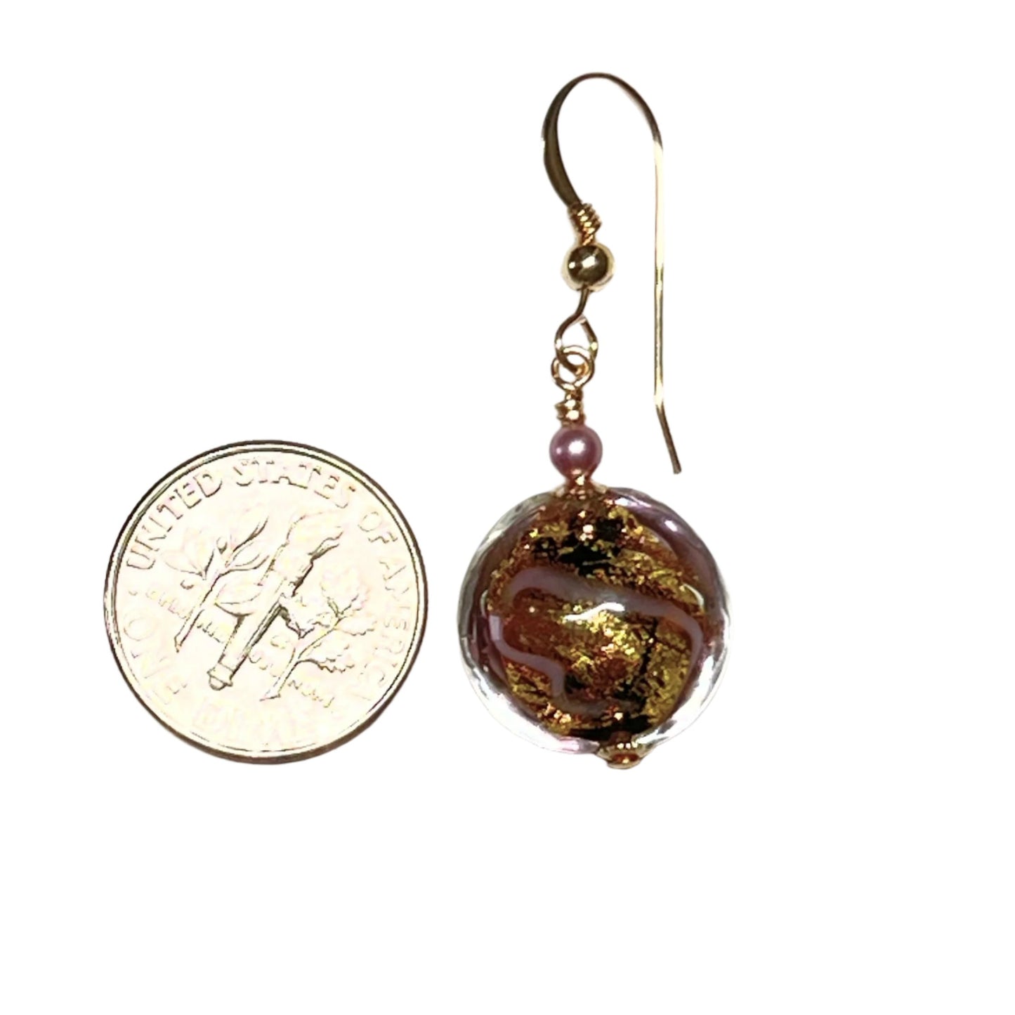 Murano Pink Ribbon Disc Gold Earrings