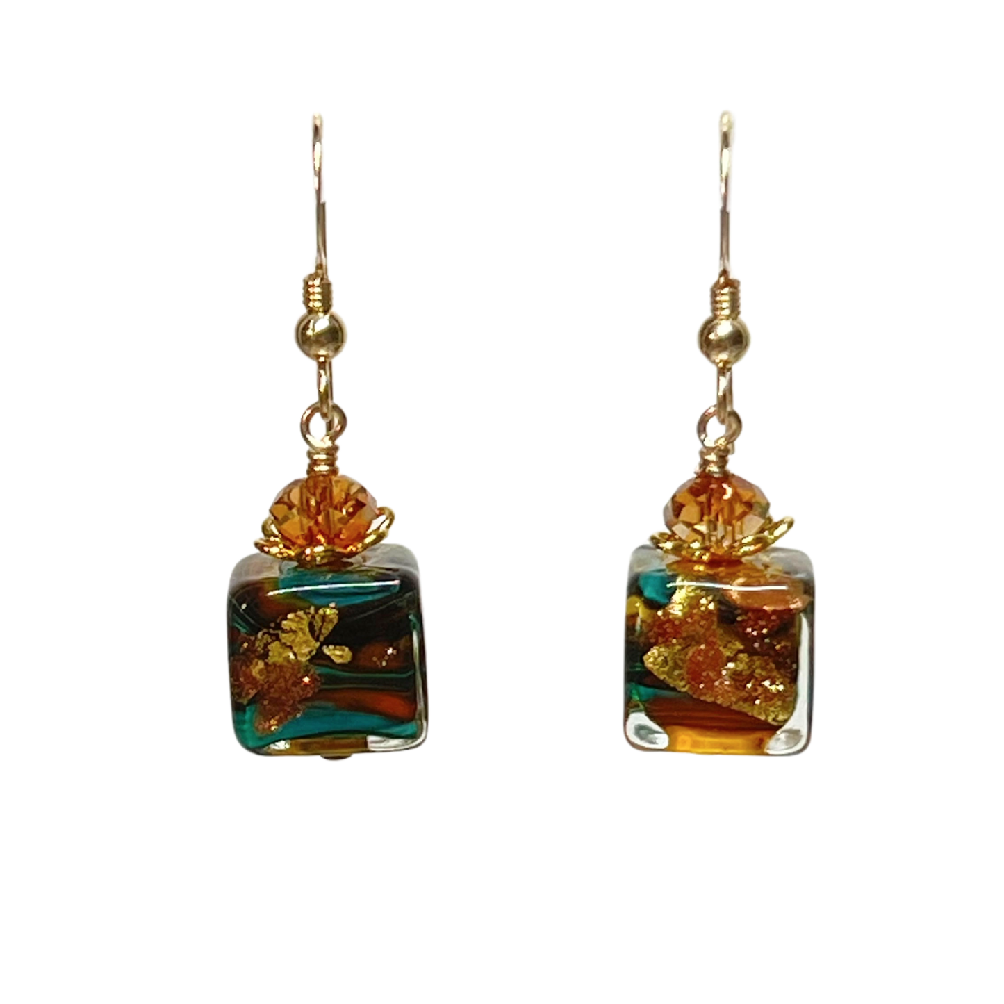 Murano Glass Fiesta Cube Dangle Gold Earrings