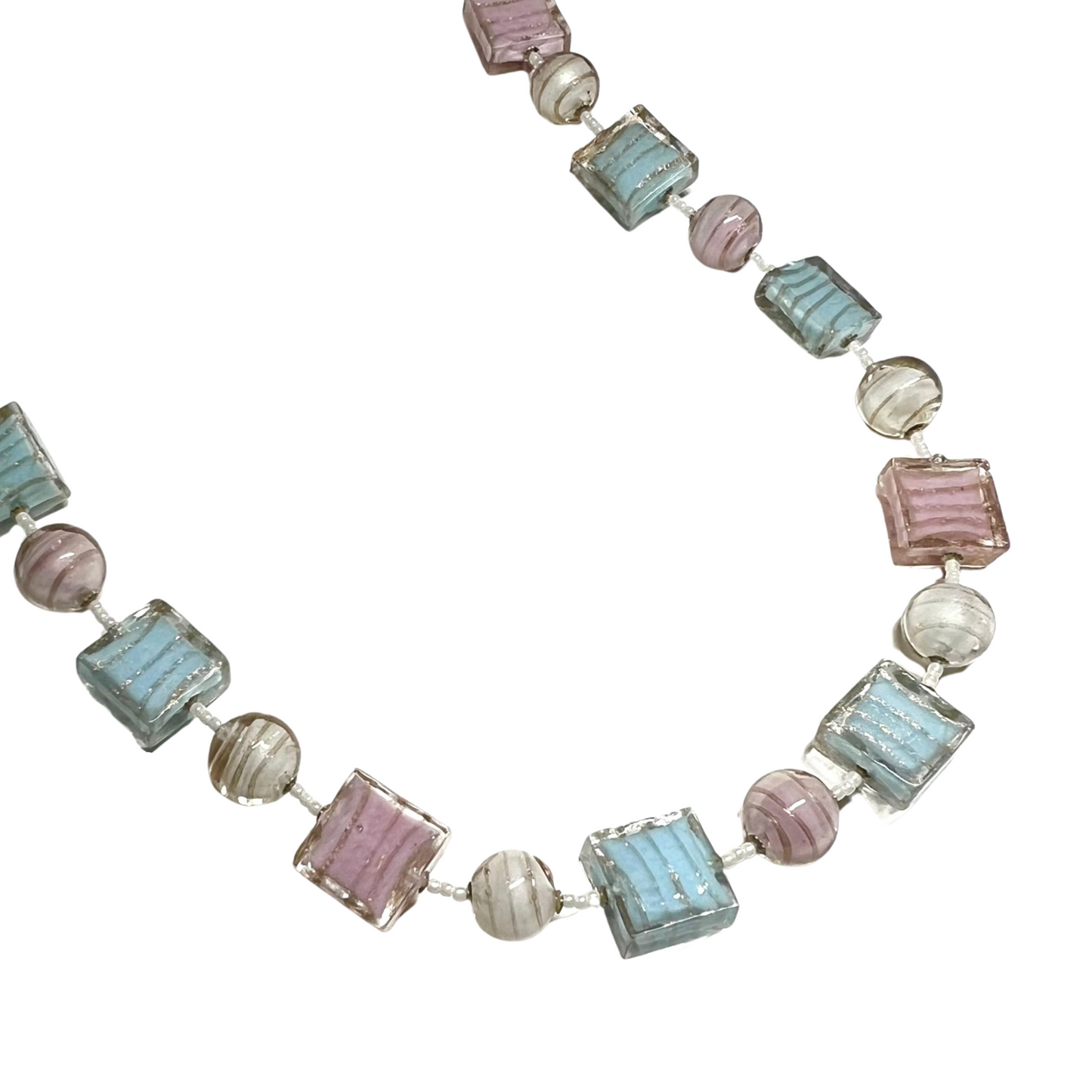 Necklace with pastel-colored beads on a white background