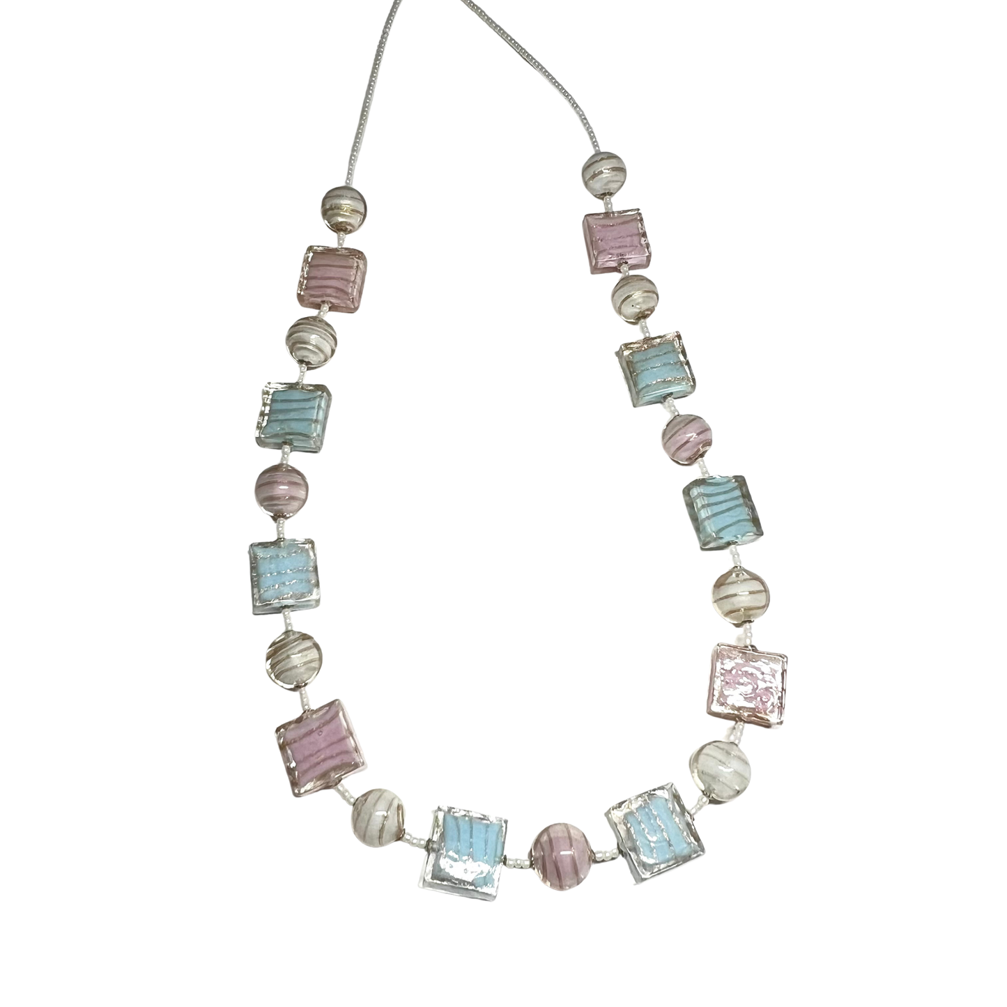 Murano Glass Pastel Bead Long Silver Necklace