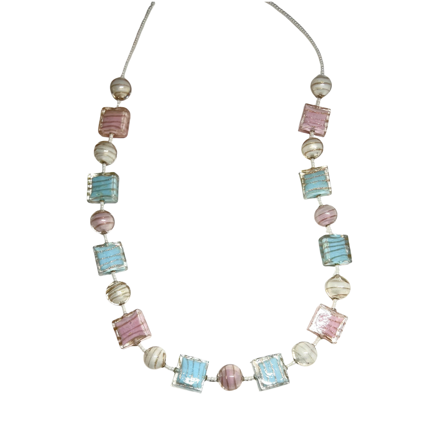 Murano Glass Pastel Bead Long Silver Necklace