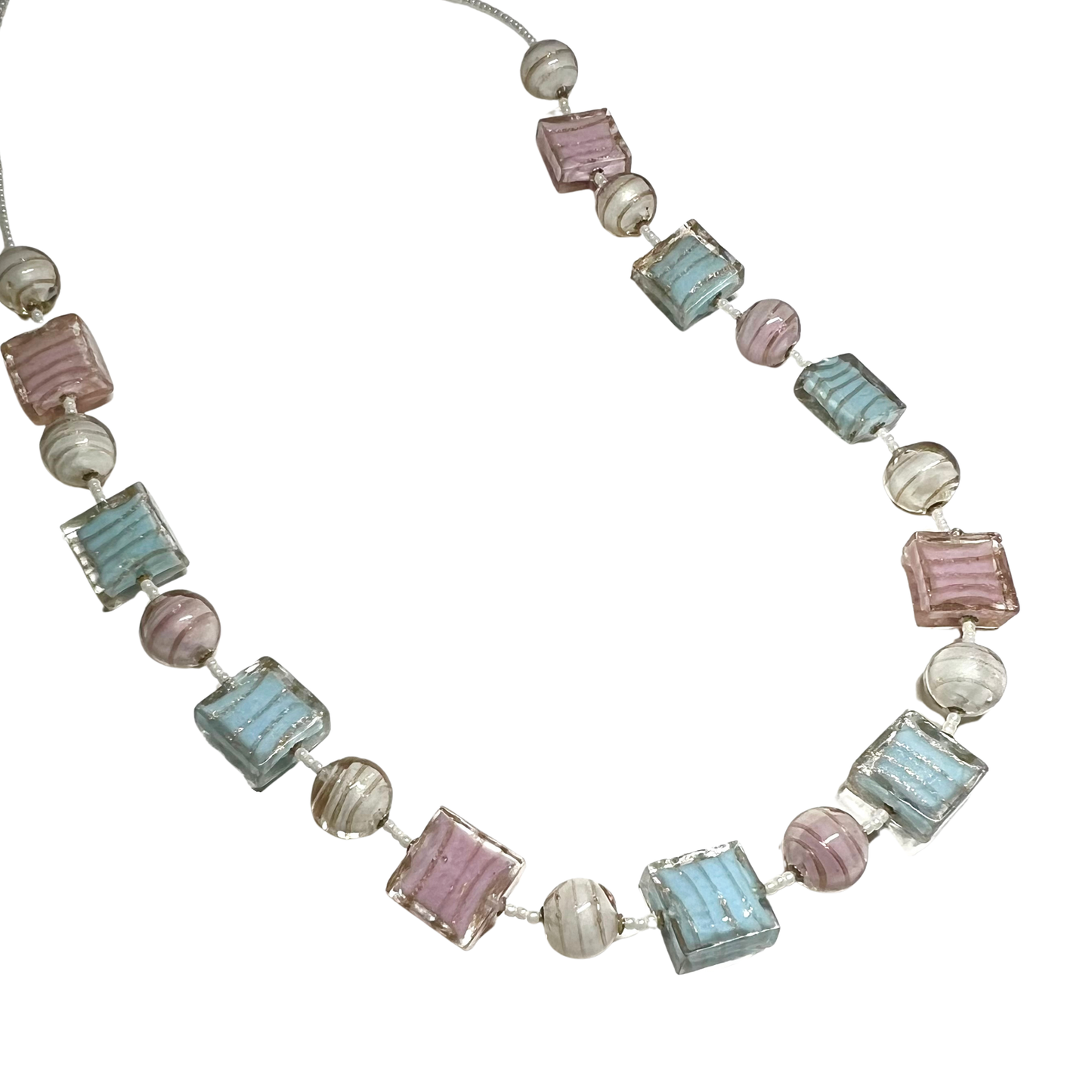 Murano Glass Pastel Bead Long Silver Necklace