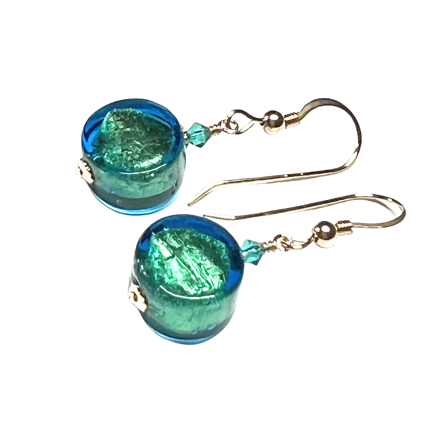 Murano Glass Aqua Green Coin Dangle Gold Earrings
