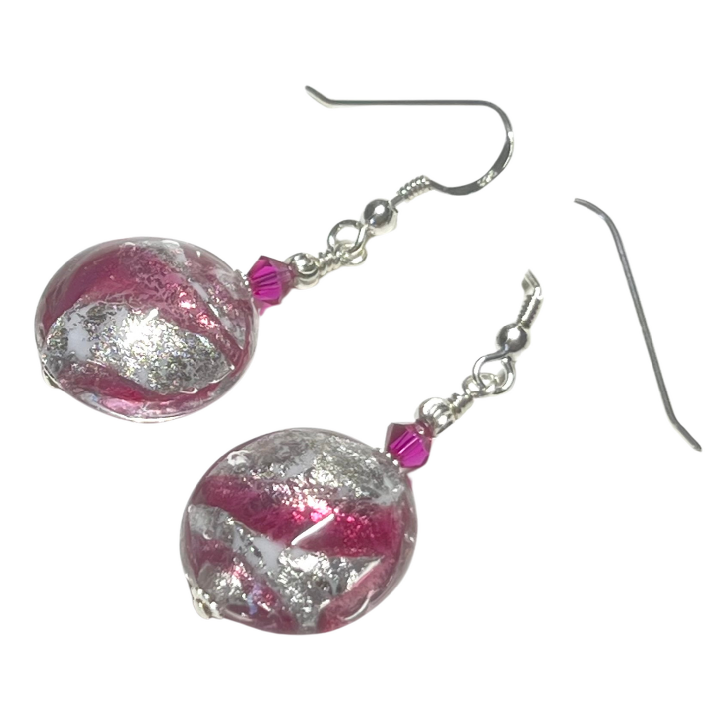 Murano Glass Ruby Pink Swirl Sterling Silver Earrings