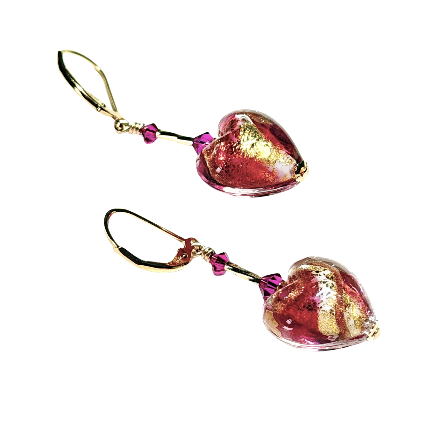 Murano Glass Pink Swirl Heart Drop Gold Earrings – Handmade Italian Jewelry