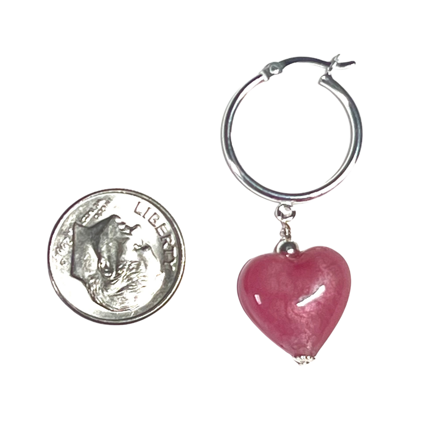 Murano Glass Pink Pearl Heart Hoop Silver Earrings