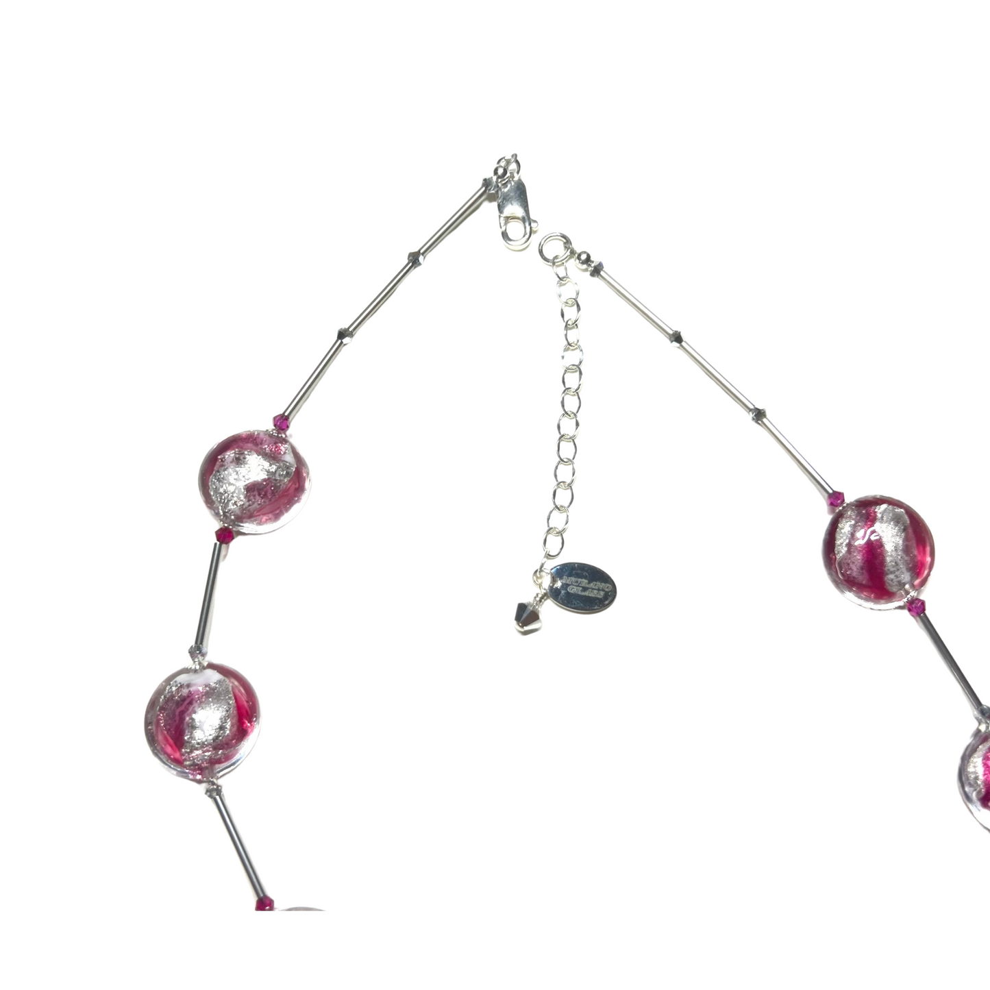 Murano Glass Pink Ruby Swirl Long Silver Necklace