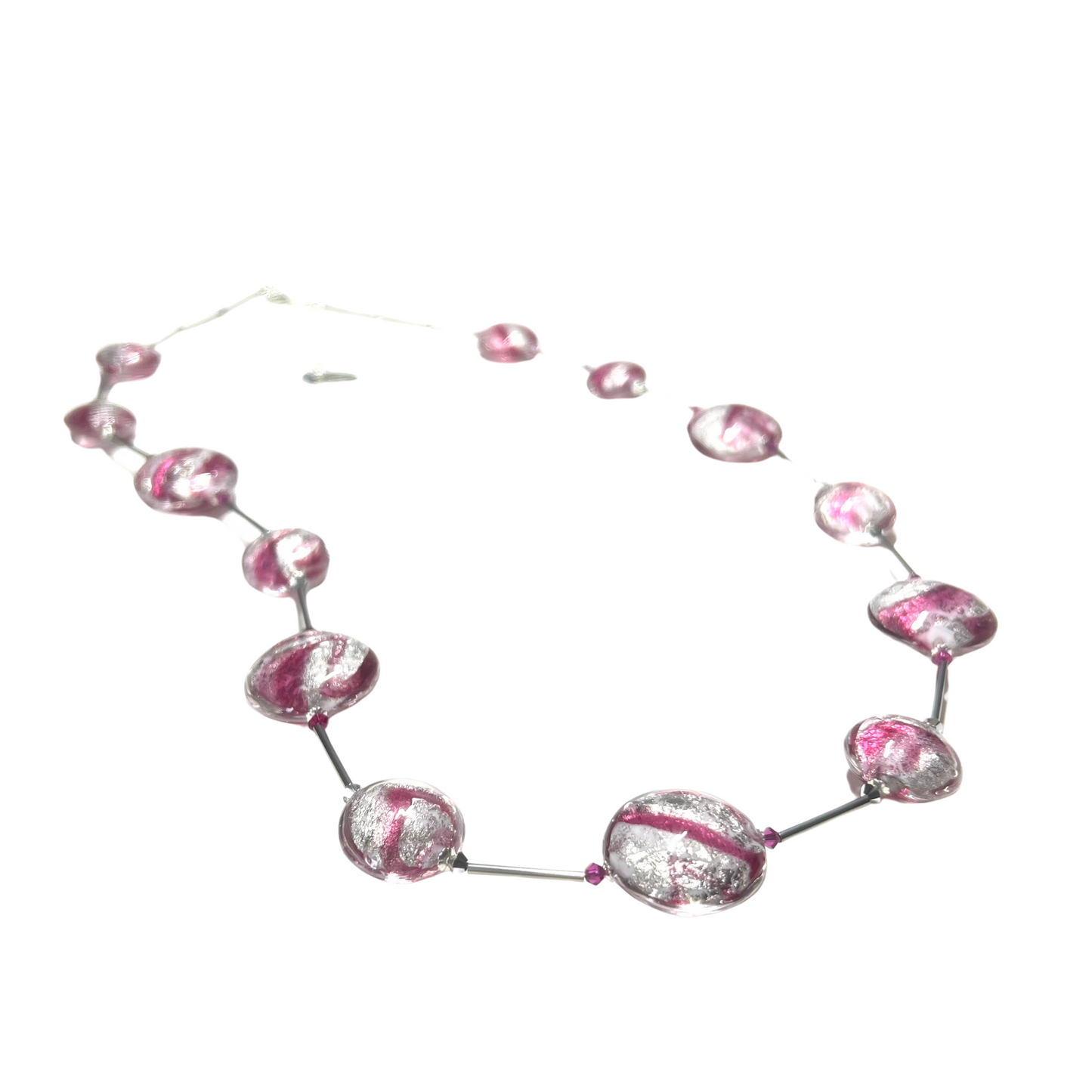 Murano Glass Pink Ruby Swirl Long Silver Necklace