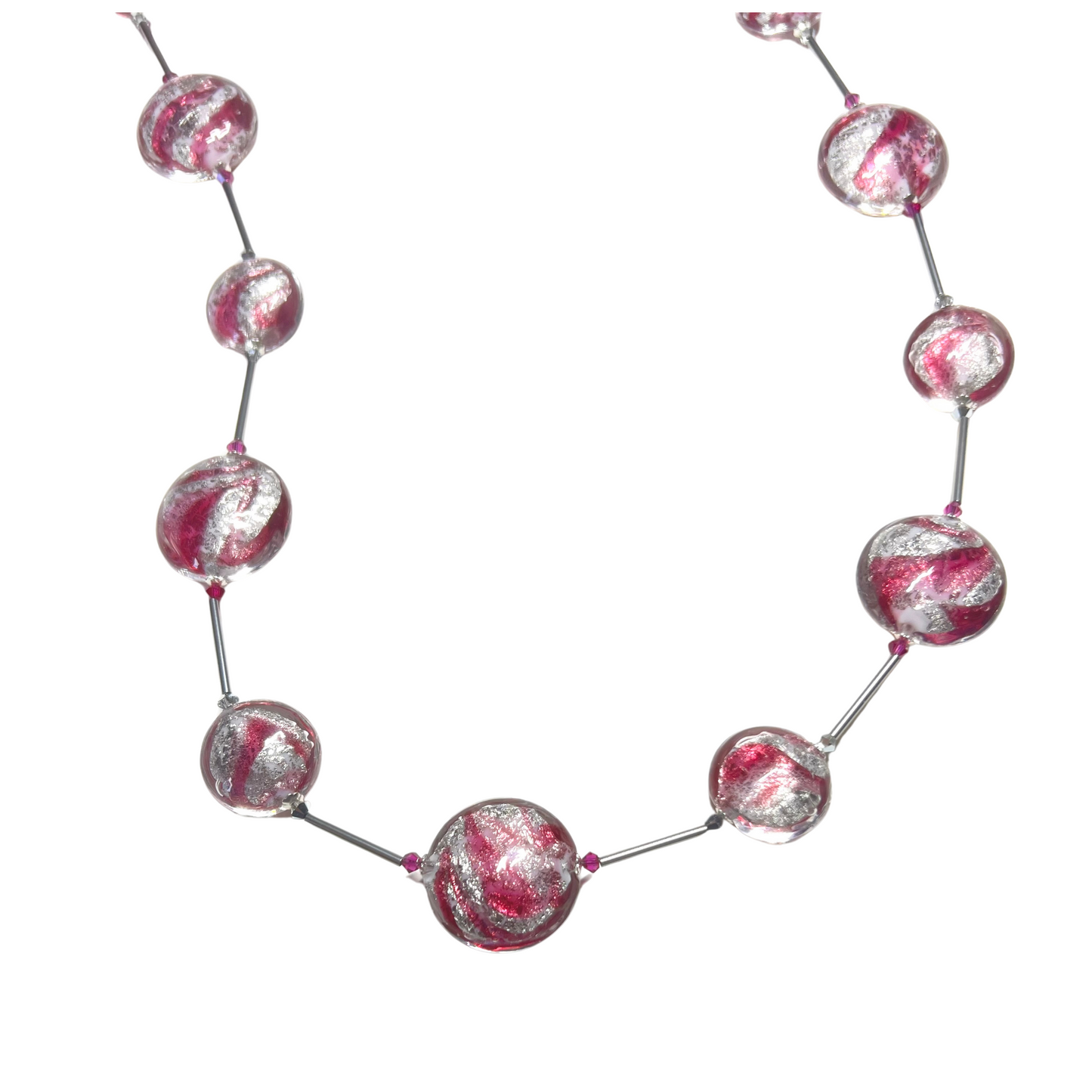 Murano Glass Pink Ruby Swirl Long Silver Necklace