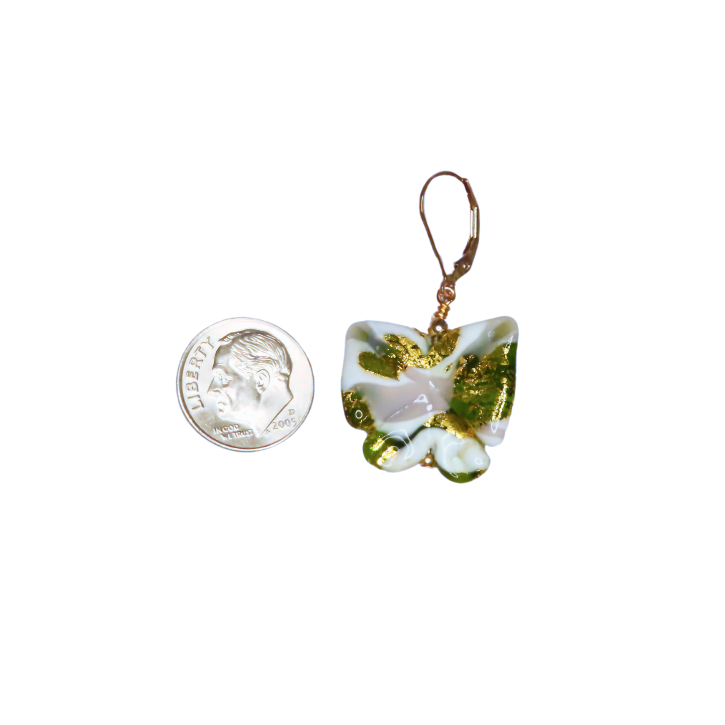 Murano Glass Green Purple Butterfly Gold Earrings