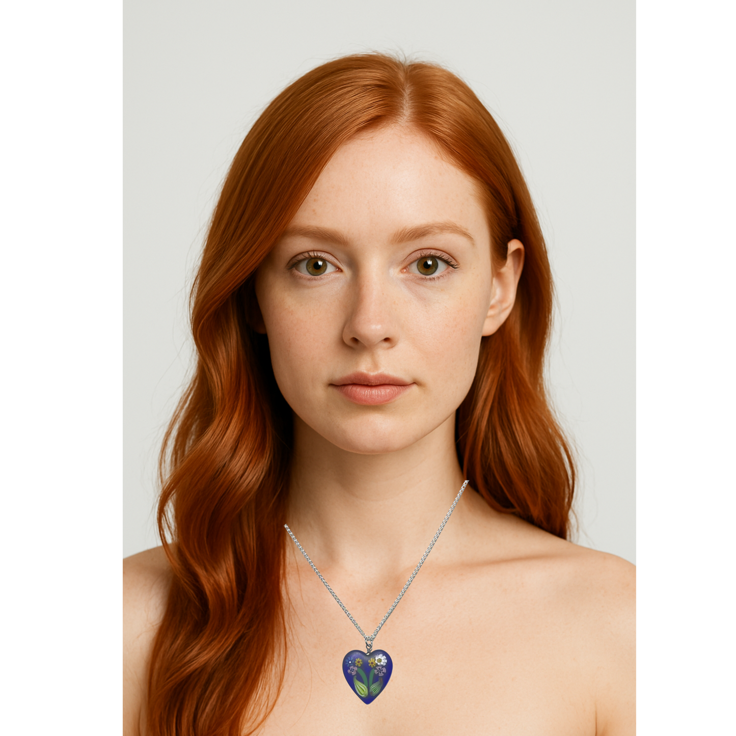 Murano Dark Blue Millefiori Flower Heart Pendant Necklace