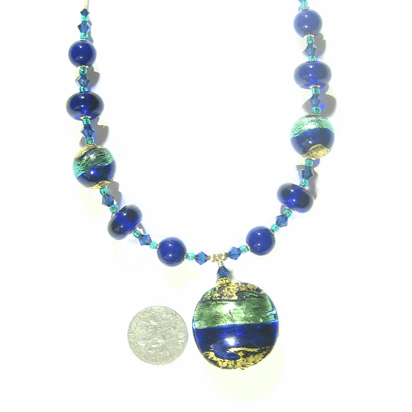 Murano Glass Aqua Cobalt Blue Disc Pendant Gold Necklace - JKC Murano