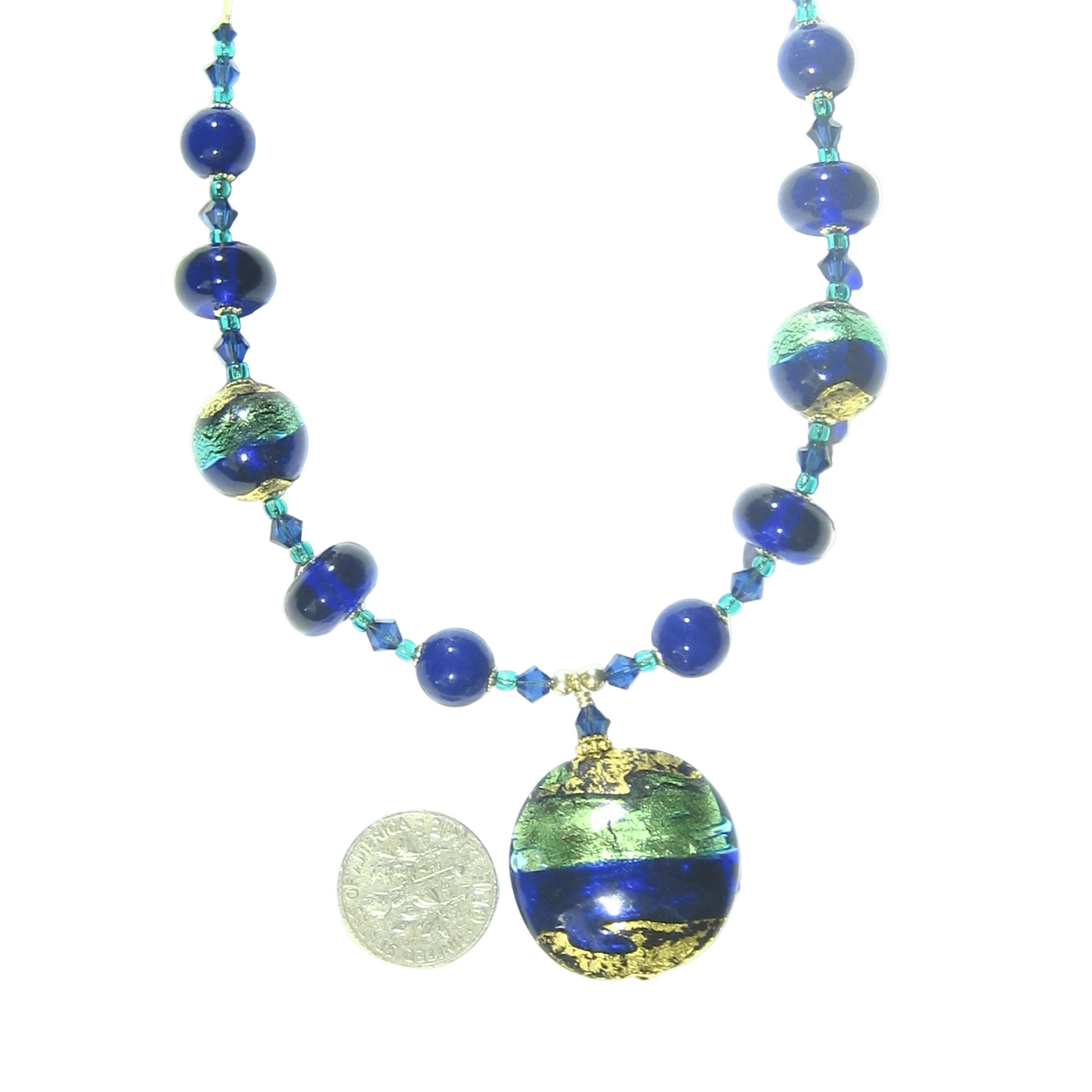 Murano Glass Aqua Cobalt Blue Disc Pendant Gold Necklace - JKC Murano