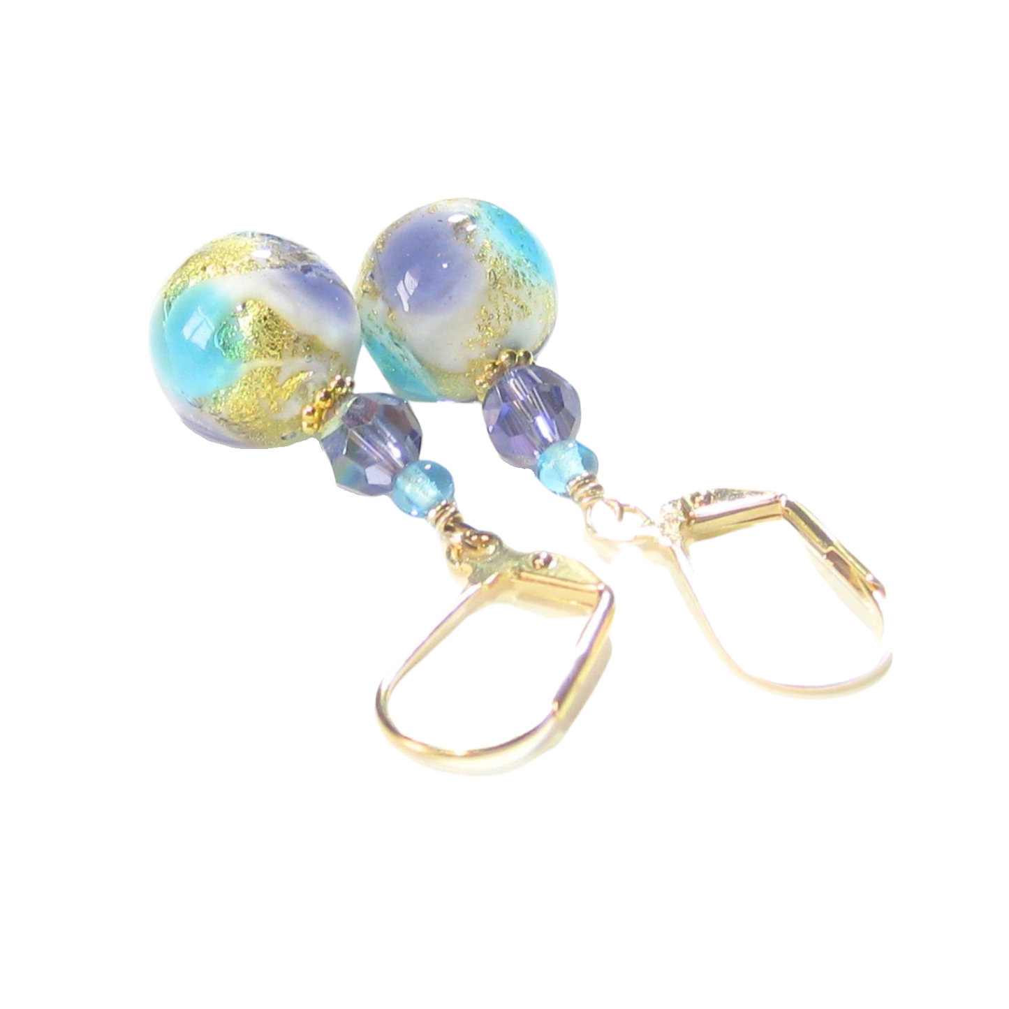 Murano Glass Aqua Plum Ball Gold Earrings