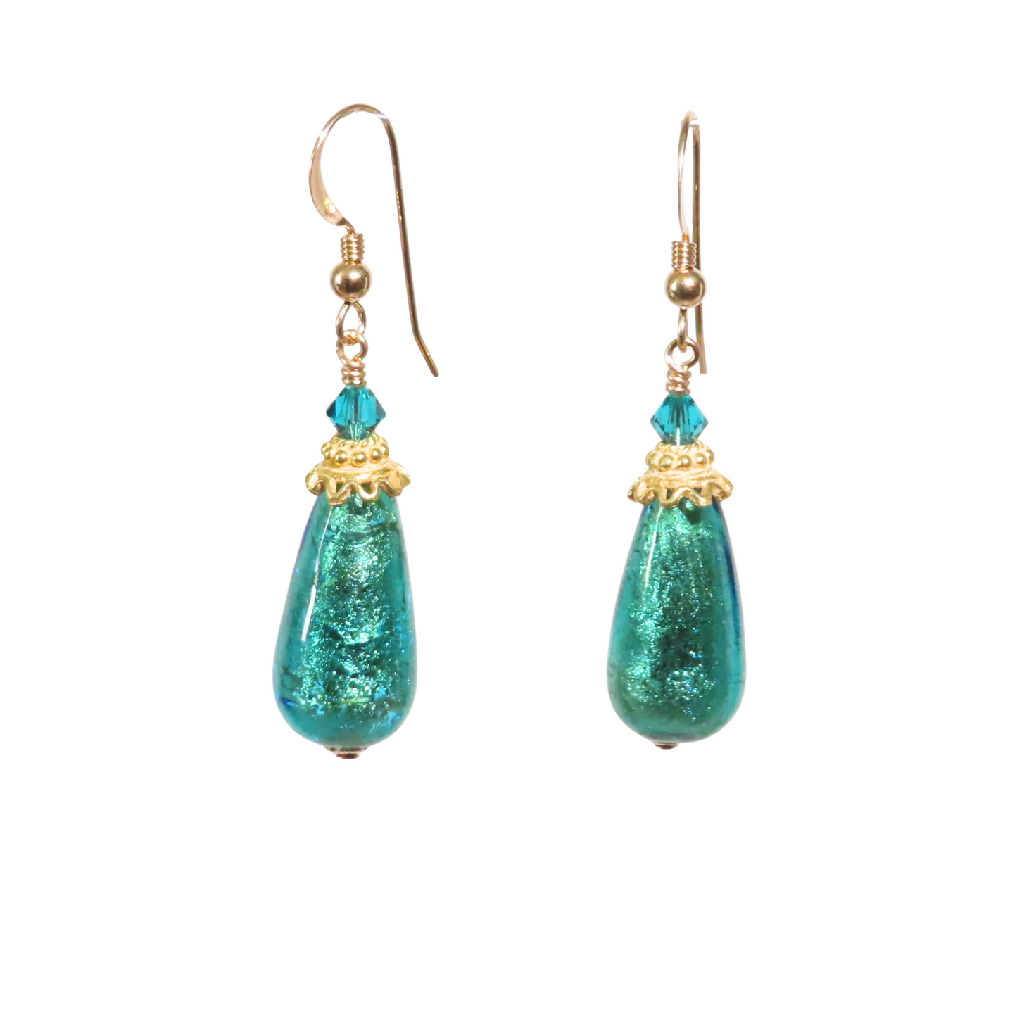 Murano Glass Aqua Green Teardrop Gold Earrings