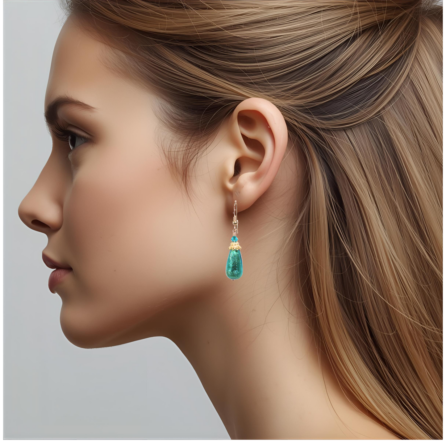 Murano Glass Aqua Green Teardrop Gold Earrings