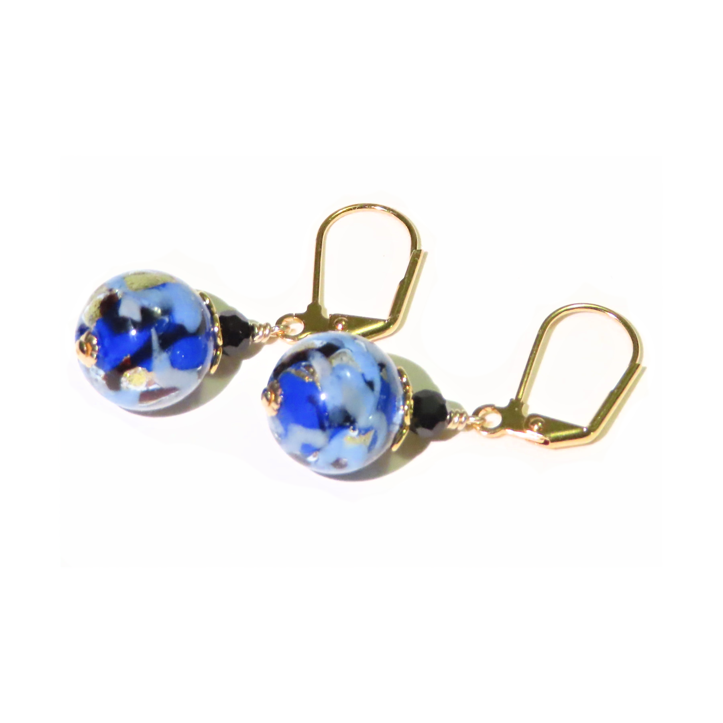 Murano Glass Blue Black Swirl Abstract Ball Gold Earrings