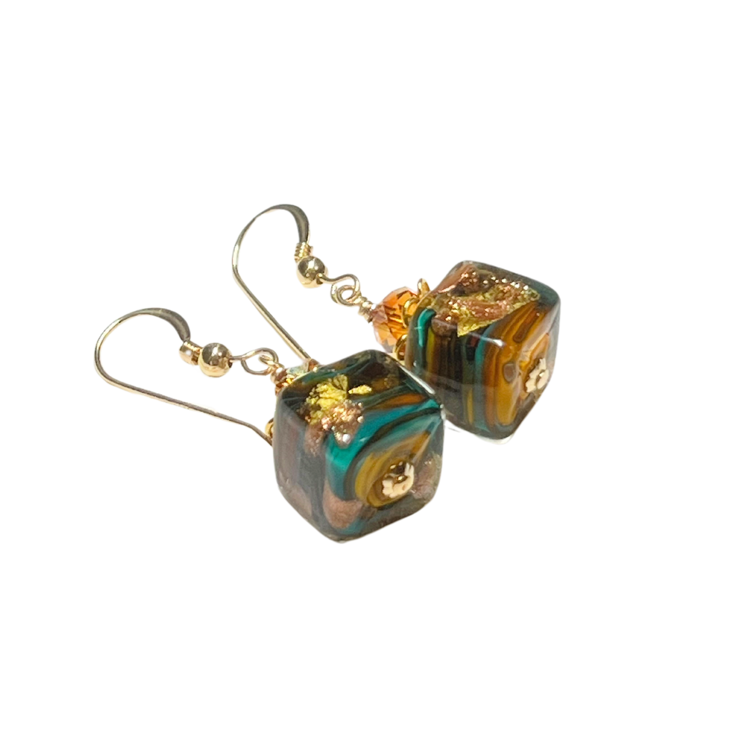Murano Glass Fiesta Cube Dangle Gold Earrings