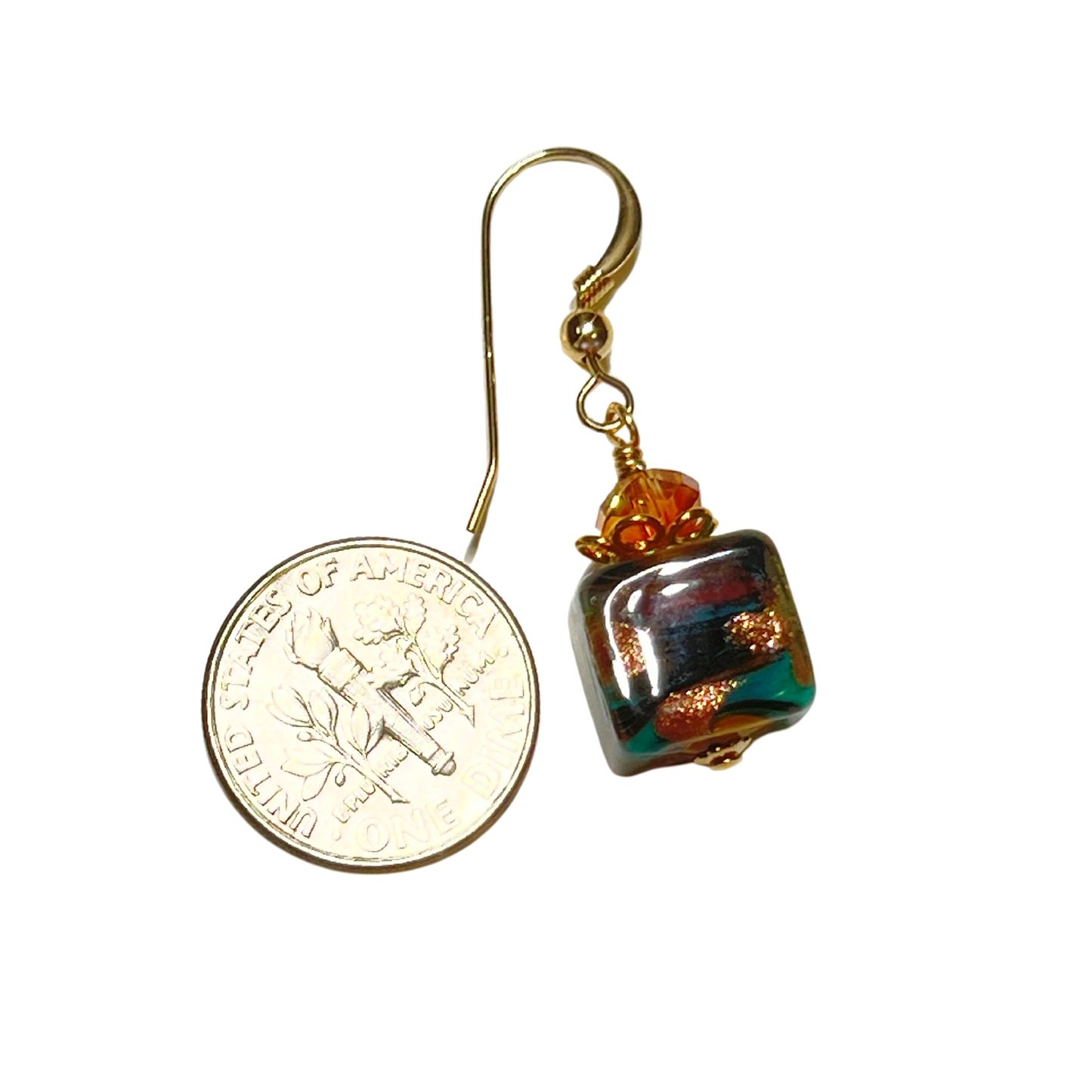 Murano Glass Fiesta Cube Dangle Gold Earrings