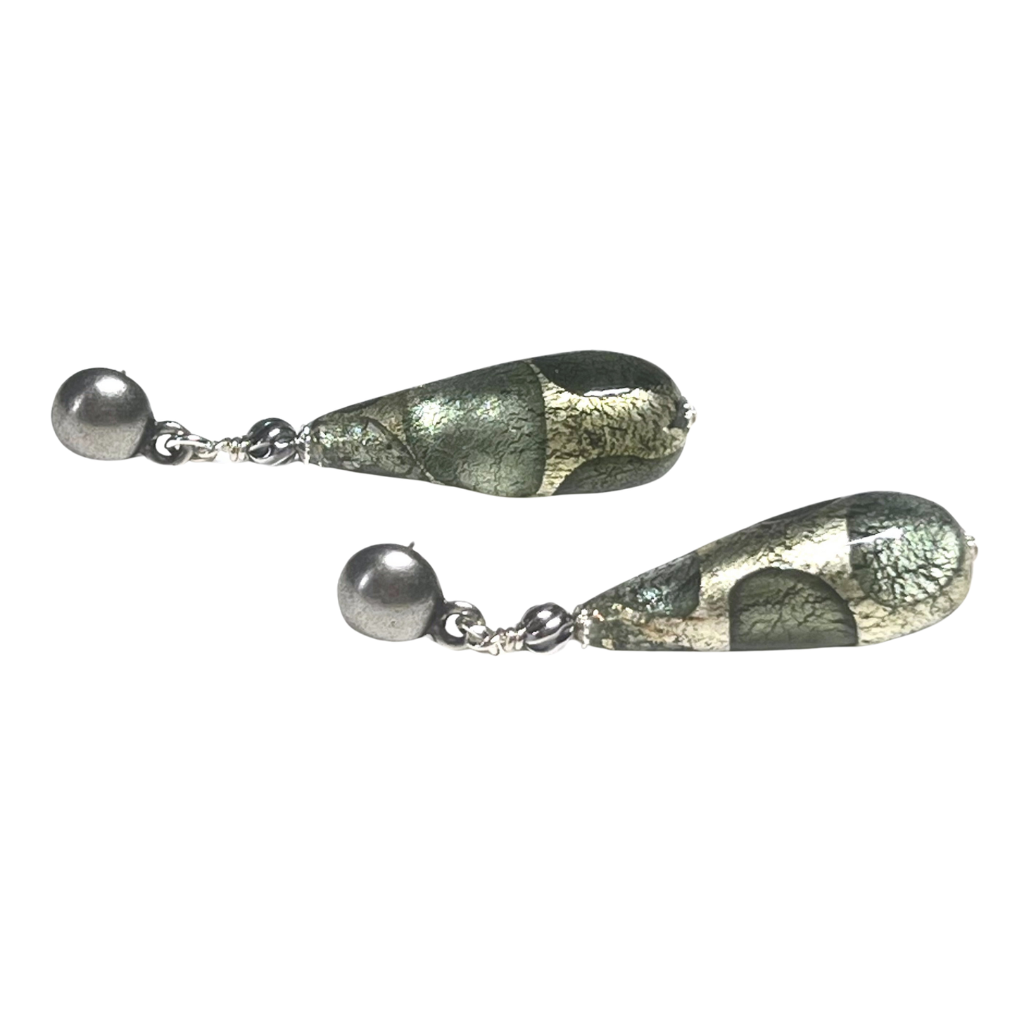 Murano Glass Gray Dot Teardrop Sterling Silver Earrings
