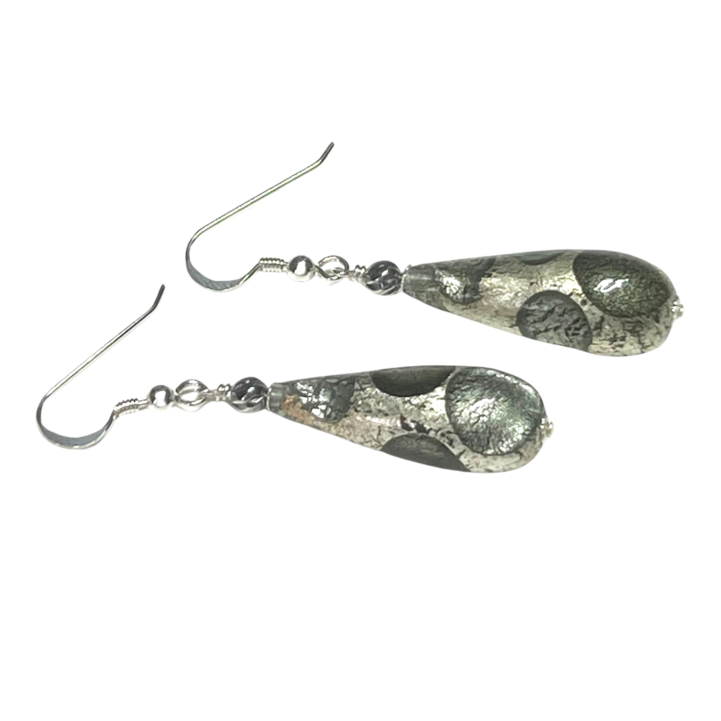 Murano Glass Gray Dot Teardrop Sterling Silver Earrings