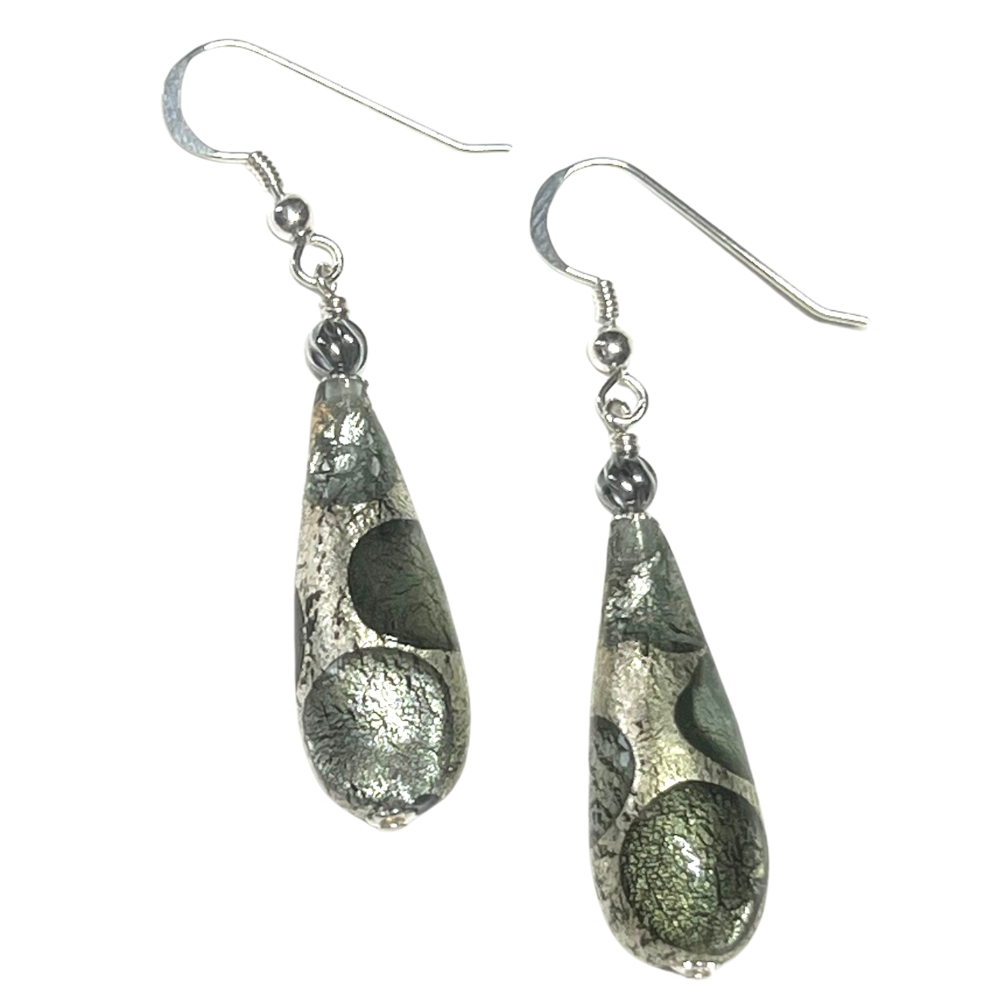 Murano Glass Gray Dot Teardrop Sterling Silver Earrings