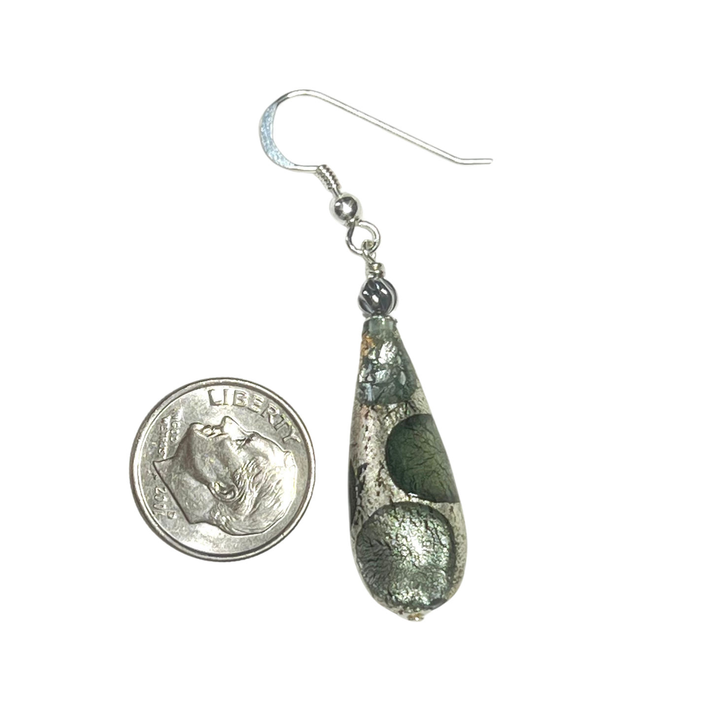 Murano Glass Gray Dot Teardrop Sterling Silver Earrings