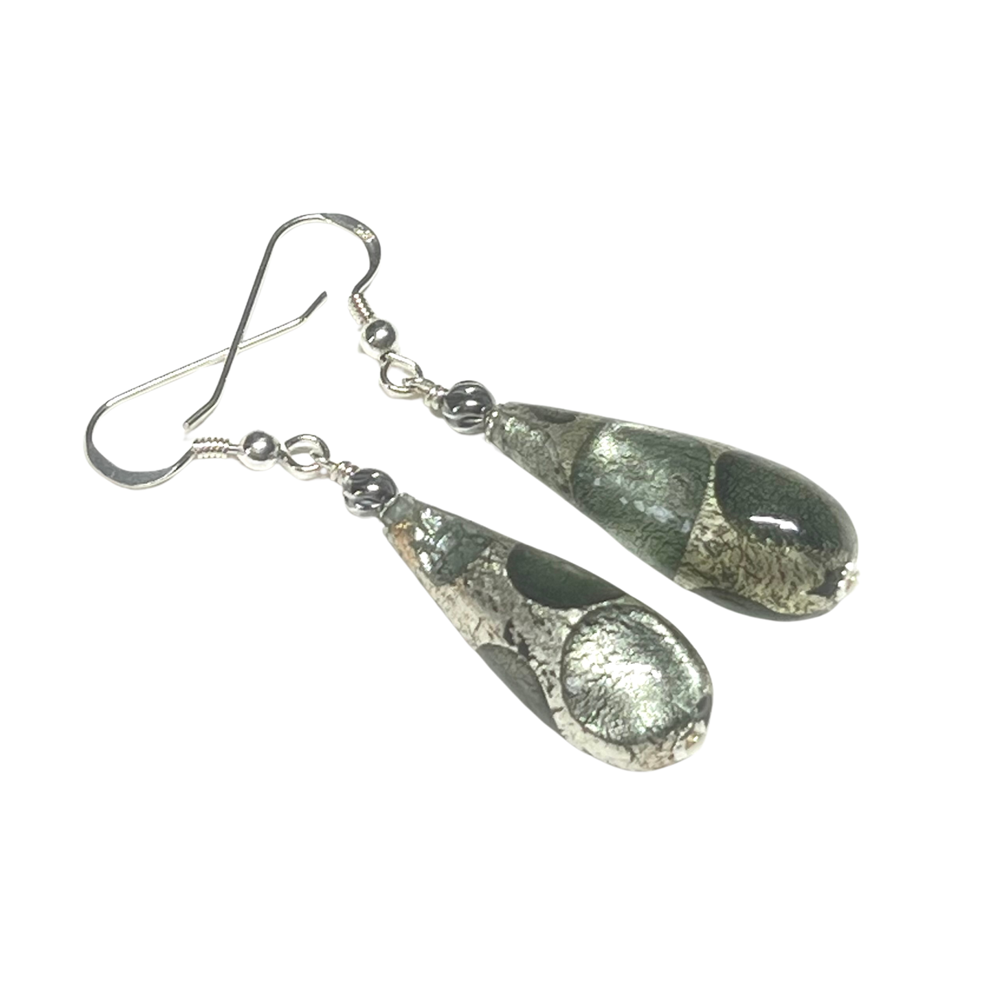 Murano Glass Gray Dot Teardrop Sterling Silver Earrings