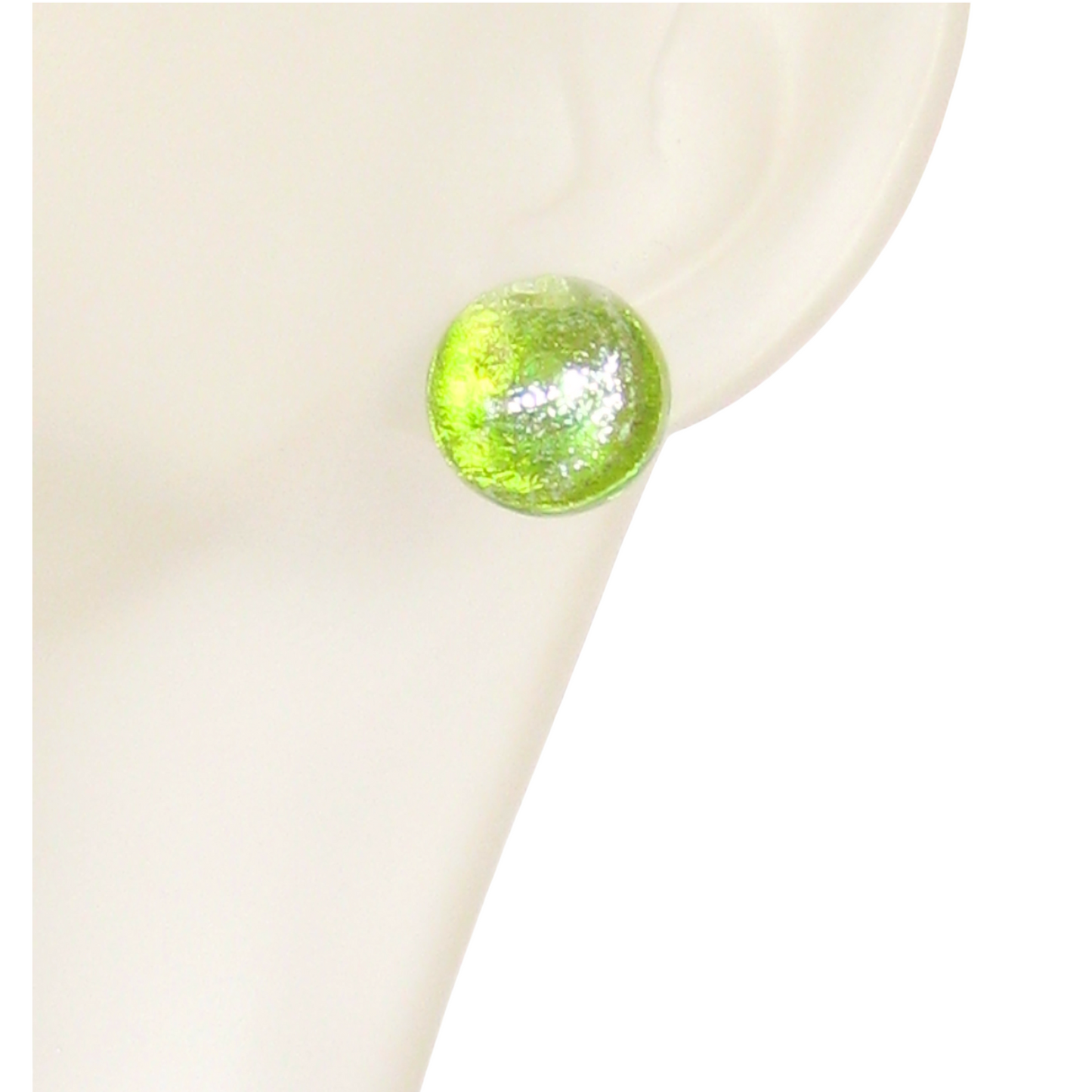 Murano Glass Lime Green Silver Dichroic Button Earrings, Sterling Silver Stud Earrings