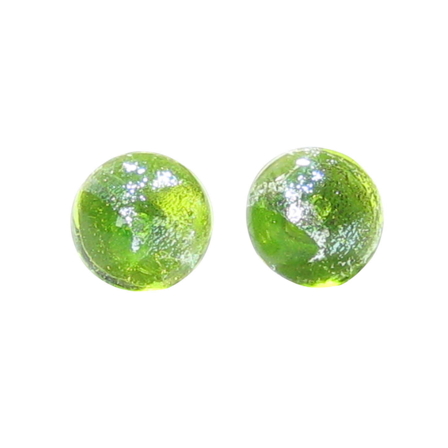 Murano Glass Lime Green Silver Dichroic Button Earrings, Sterling Silver Stud Earrings