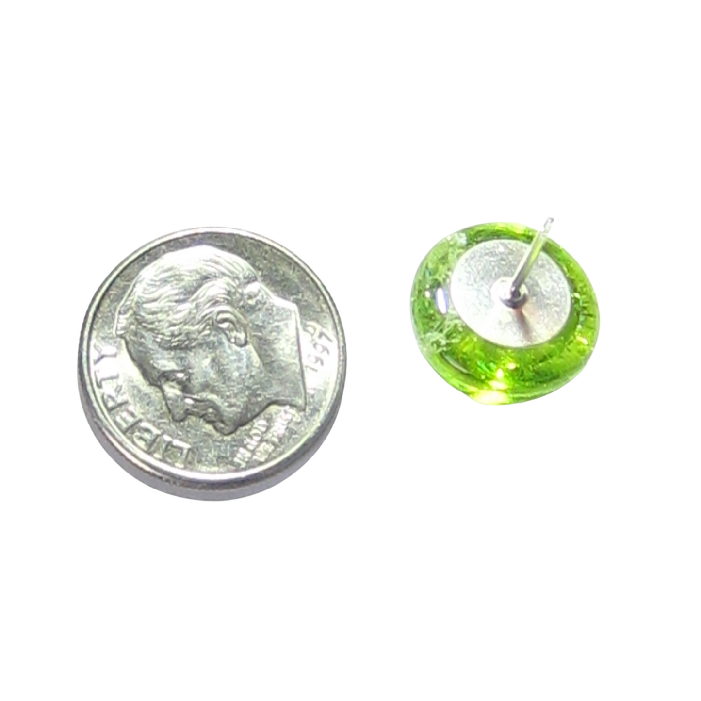 Murano Glass Lime Green Silver Dichroic Button Earrings, Sterling Silver Stud Earrings