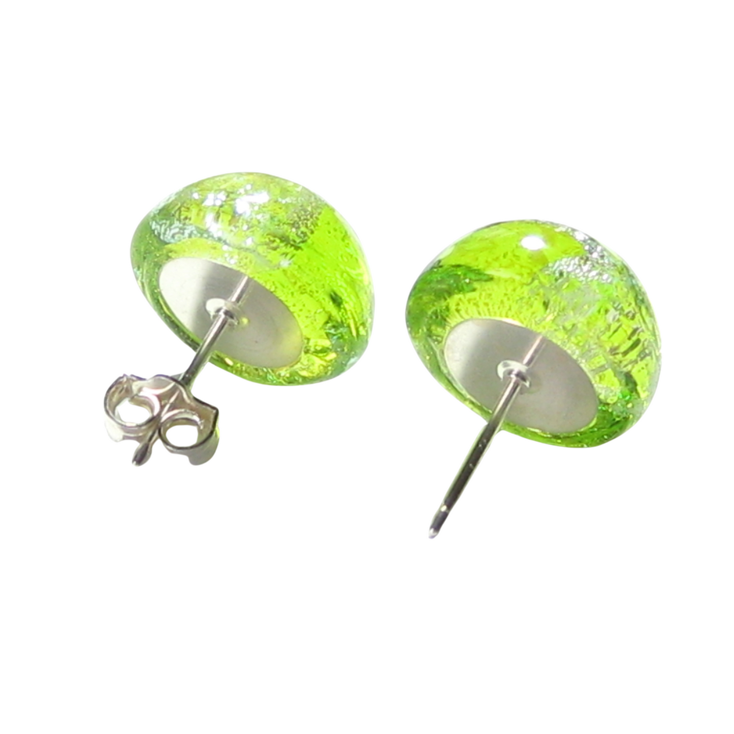 Murano Glass Lime Green Silver Dichroic Button Earrings, Sterling Silver Stud Earrings