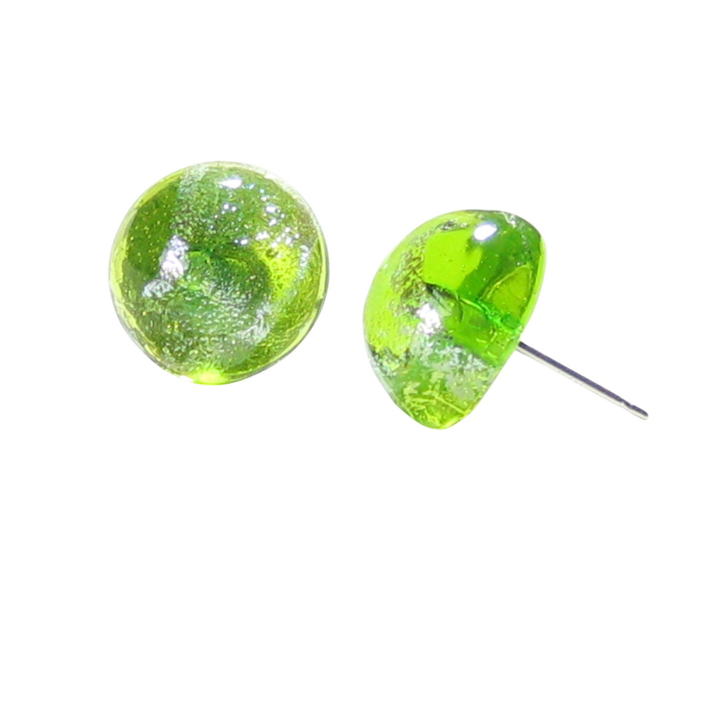 Murano Glass Lime Green Silver Dichroic Button Earrings, Sterling Silver Stud Earrings