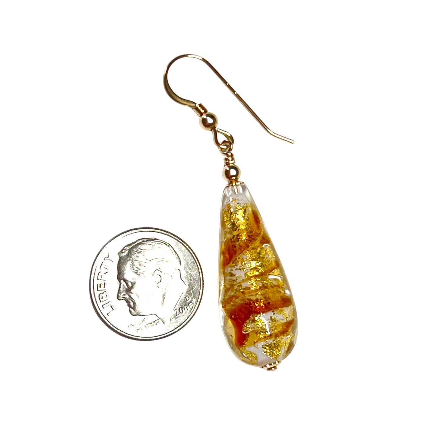 Murano Glass Topaz Swirl Teardrop Long Gold Earrings