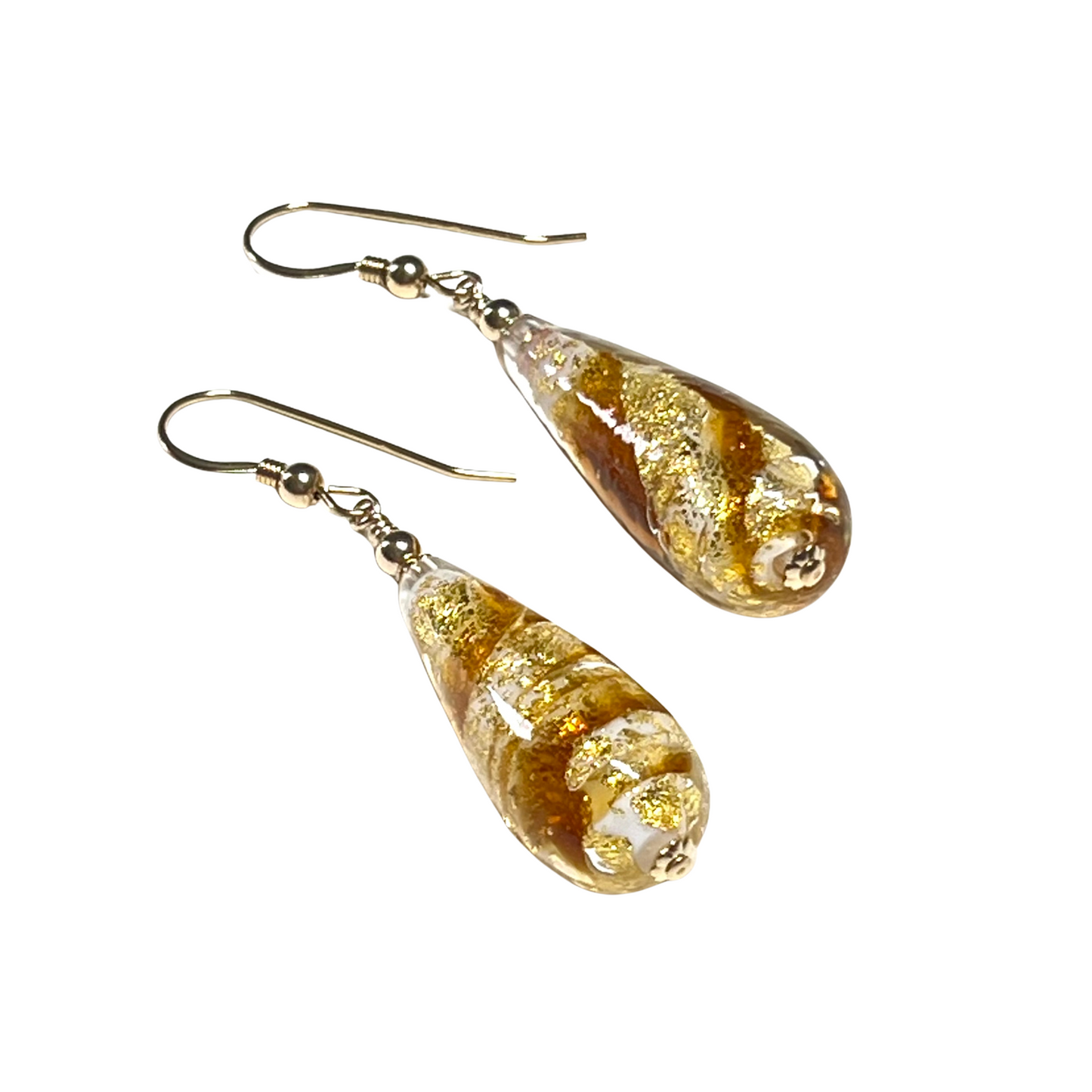 Murano Glass Topaz Swirl Teardrop Long Gold Earrings