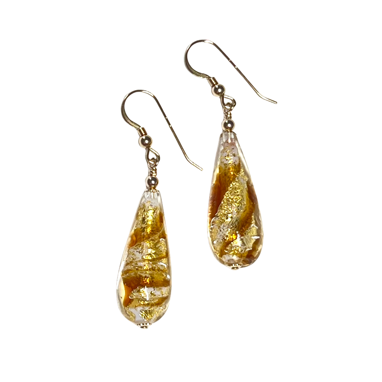 Murano Glass Topaz Swirl Teardrop Long Gold Earrings