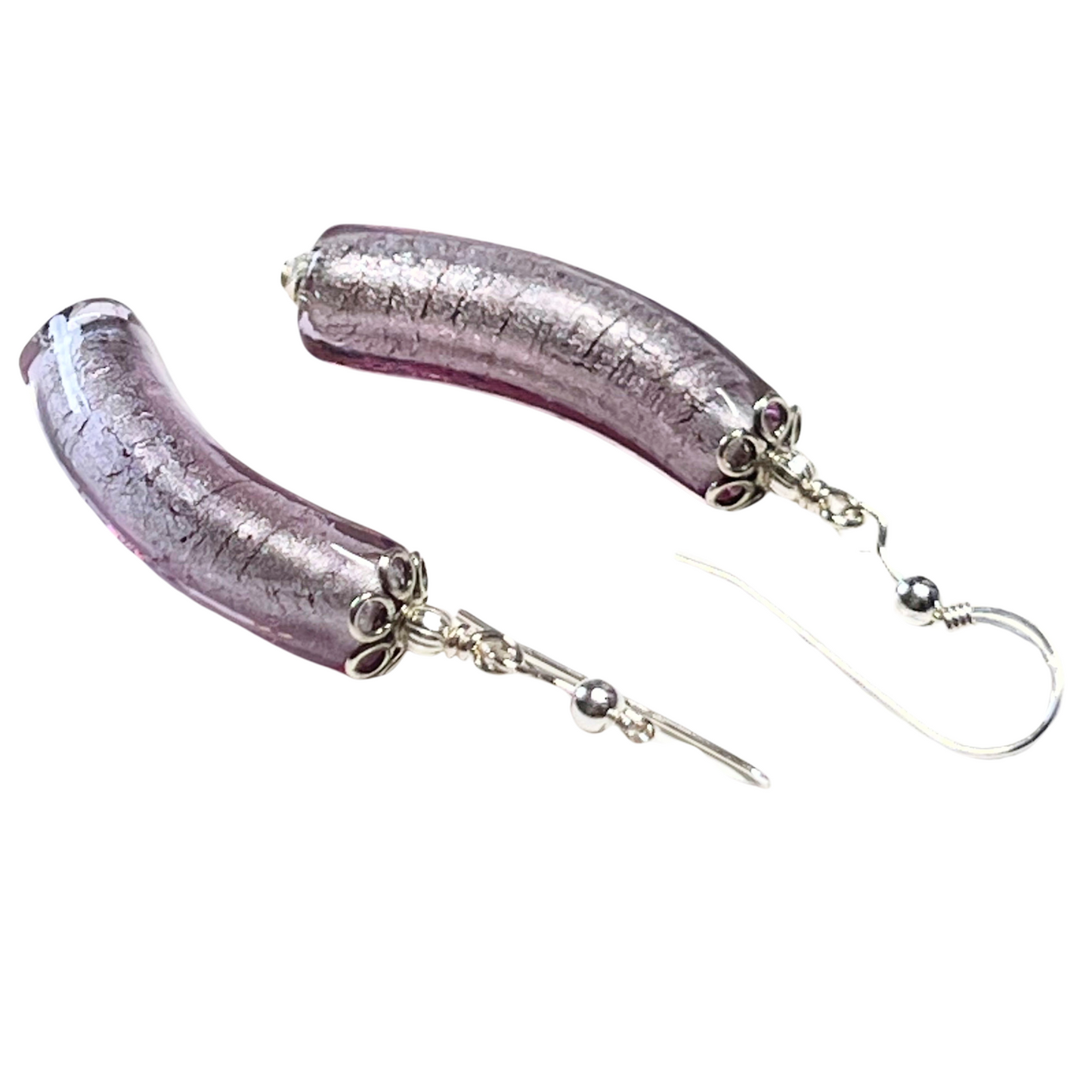 Murano Glass Pale Purple Curved Tube Silver Earrings by JKC Murano