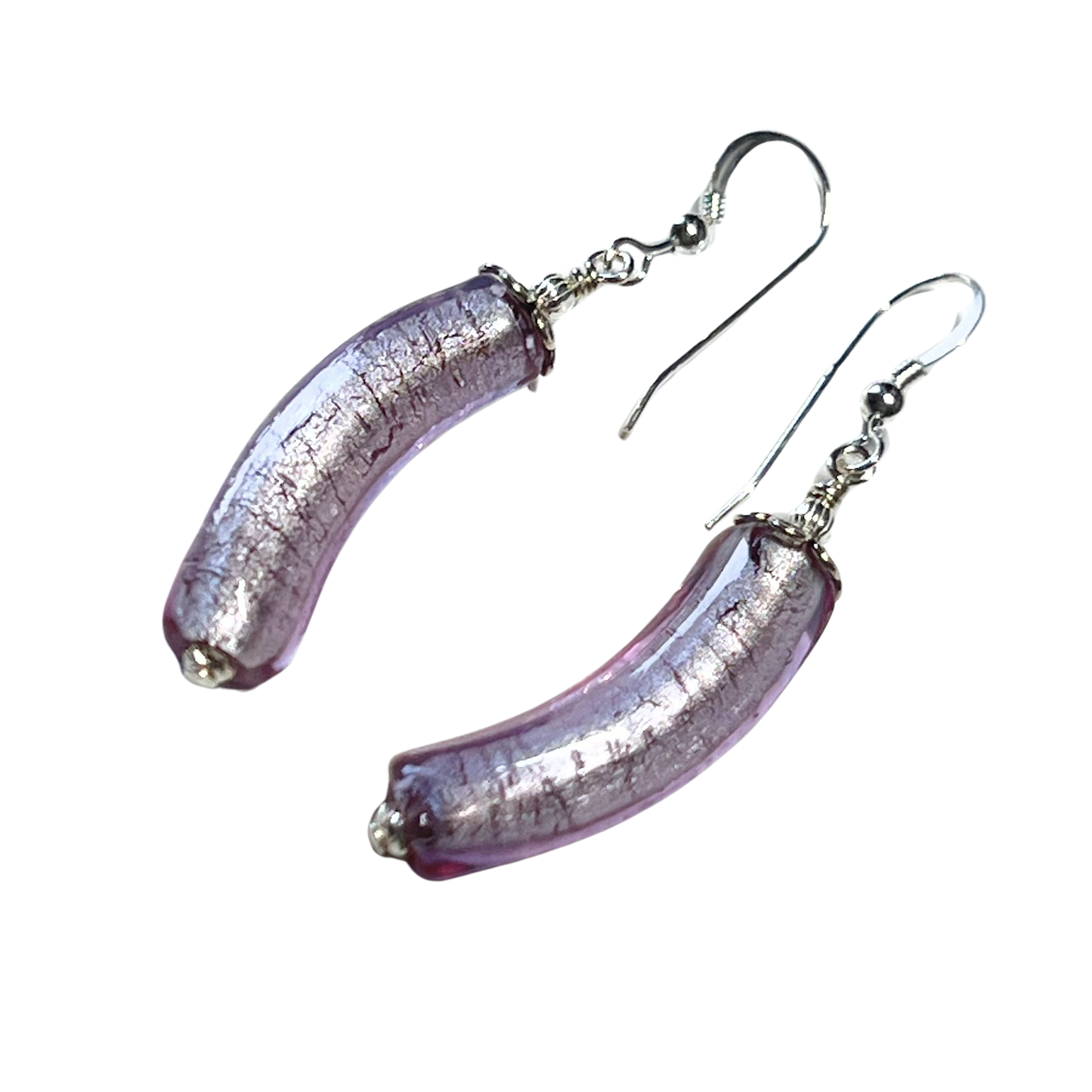 Murano Glass Pale Purple Curved Tube Silver Earrings by JKC Murano