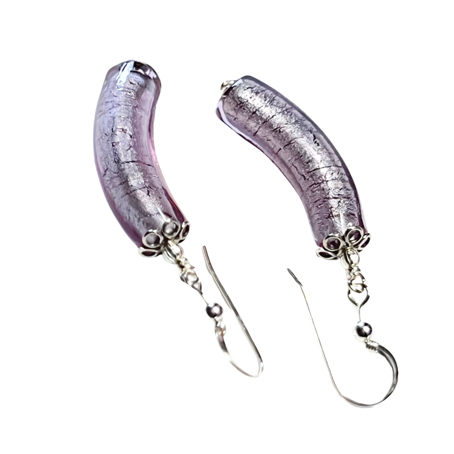 Murano Glass Pale Purple Curved Tube Silver Earrings by JKC Murano