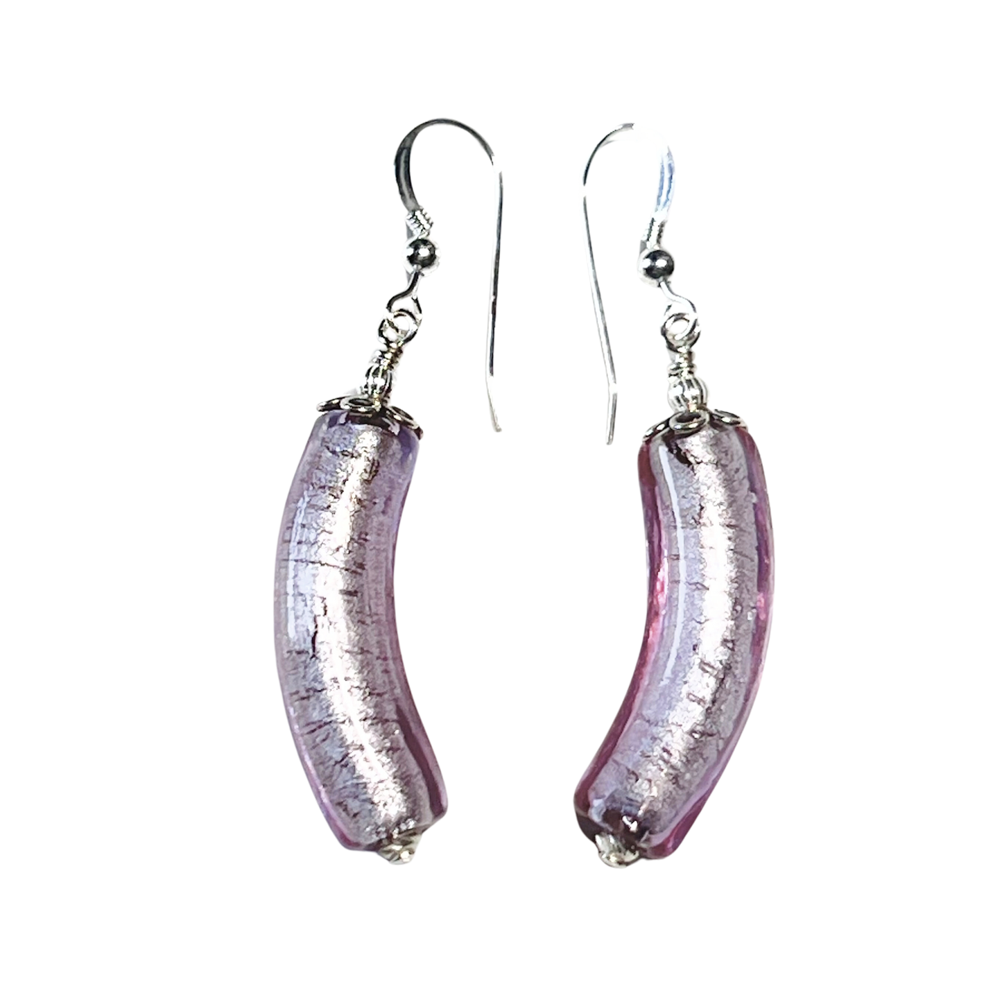 Murano Glass Pale Purple Curved Tube Silver Earrings by JKC Murano