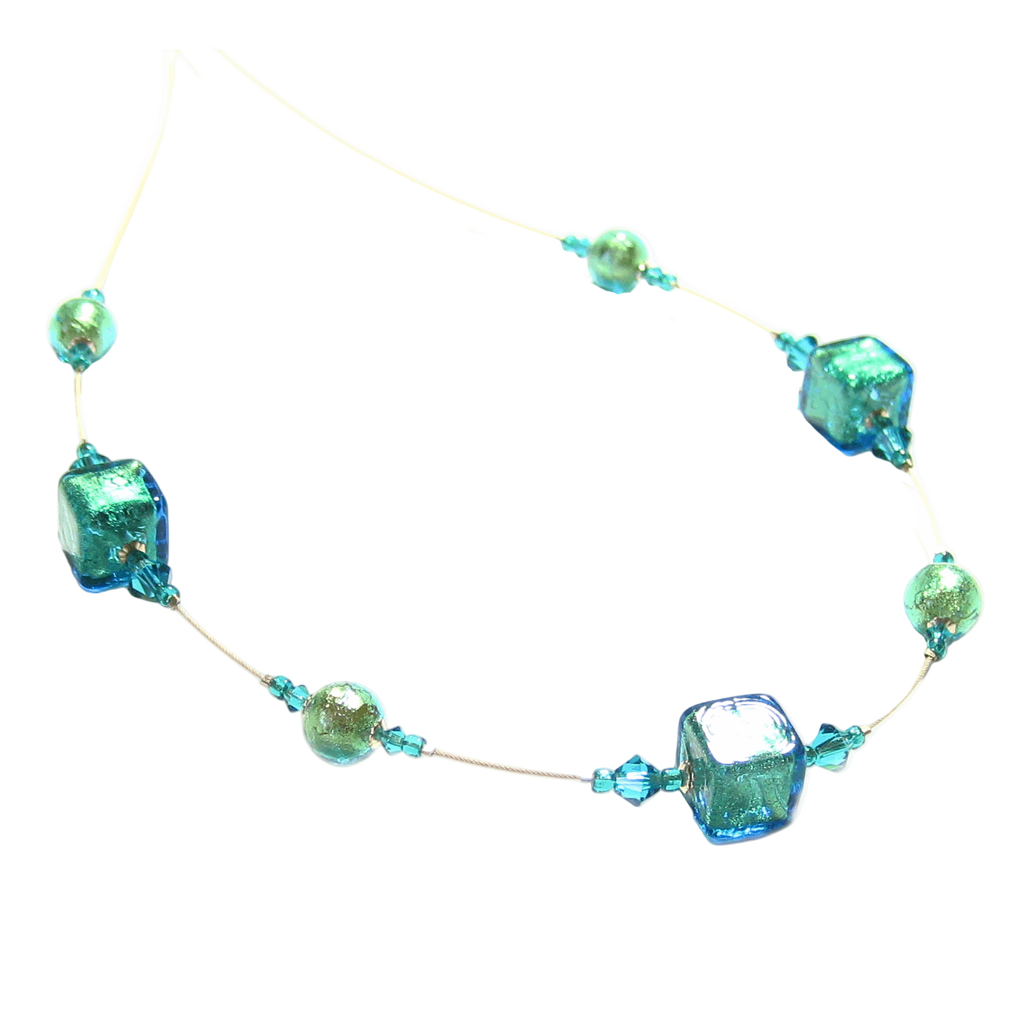 Murano Glass Aqua Cube Gold Necklace, Illusion Necklace - JKC Murano