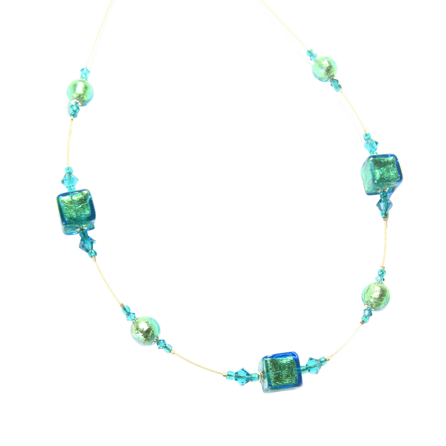 Murano Glass Aqua Cube Gold Necklace, Illusion Necklace - JKC Murano