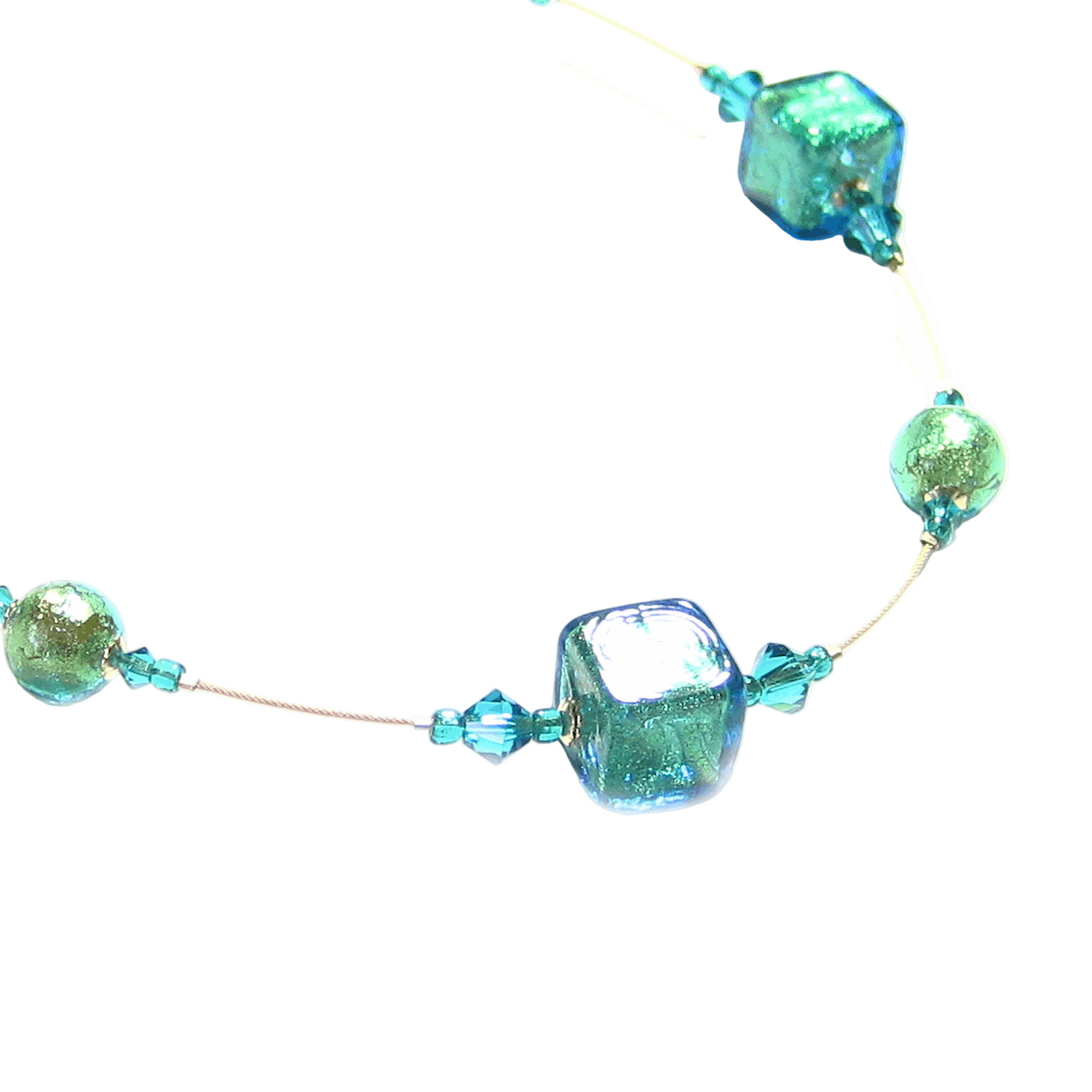 Murano Glass Aqua Cube Gold Necklace, Illusion Necklace - JKC Murano